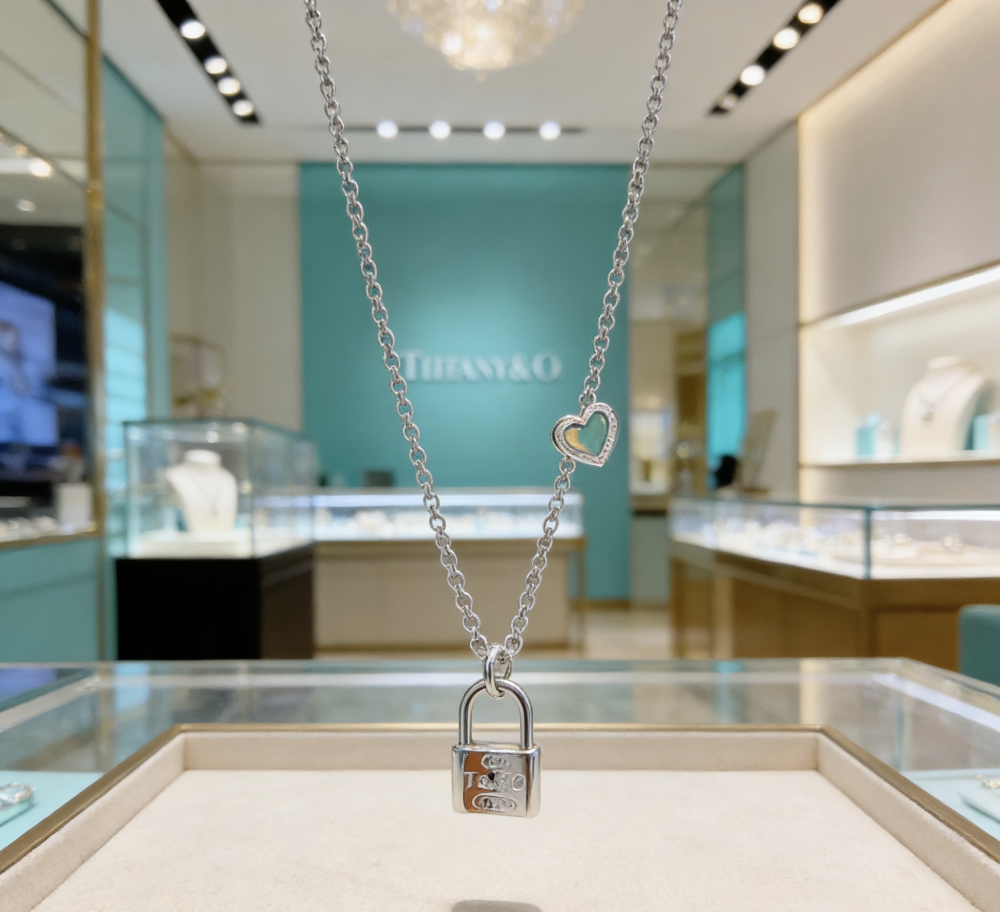 Tiffany Co Return to Tiffany Lock Heart necklace sterling silver with green enamel and silver metal accents 45cm