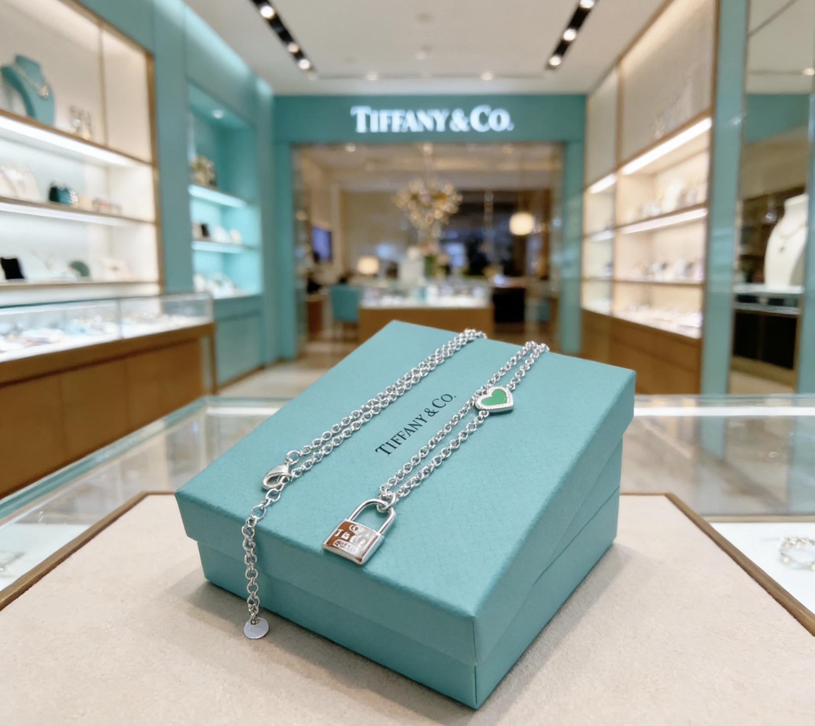 Tiffany Co Return to Tiffany Lock Heart necklace sterling silver with green enamel and silver metal accents 45cm