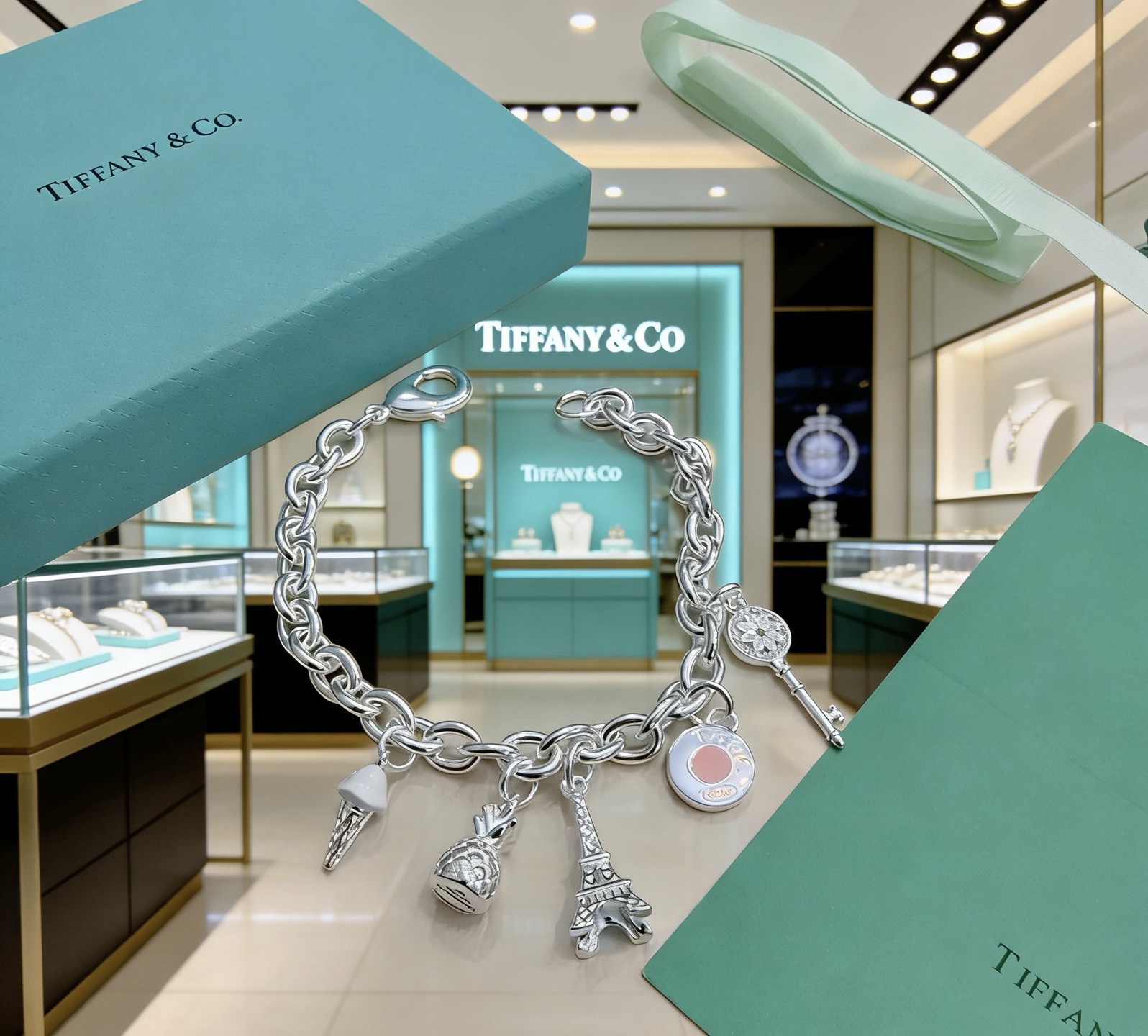 Tiffany Co Charm Bracelet bracelet Sterling silver with white enamel ice cream pink enamel round charm silver-toned pineapple Eiffel Tower and daisy key charms 7 inches