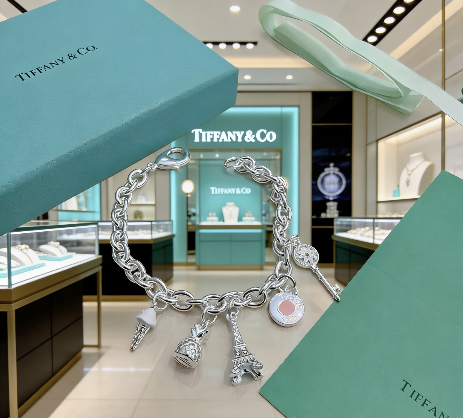 Tiffany Co Charm Bracelet bracelet Sterling silver with white enamel ice cream pink enamel round charm silver-toned pineapple Eiffel Tower and daisy key charms 7 inches