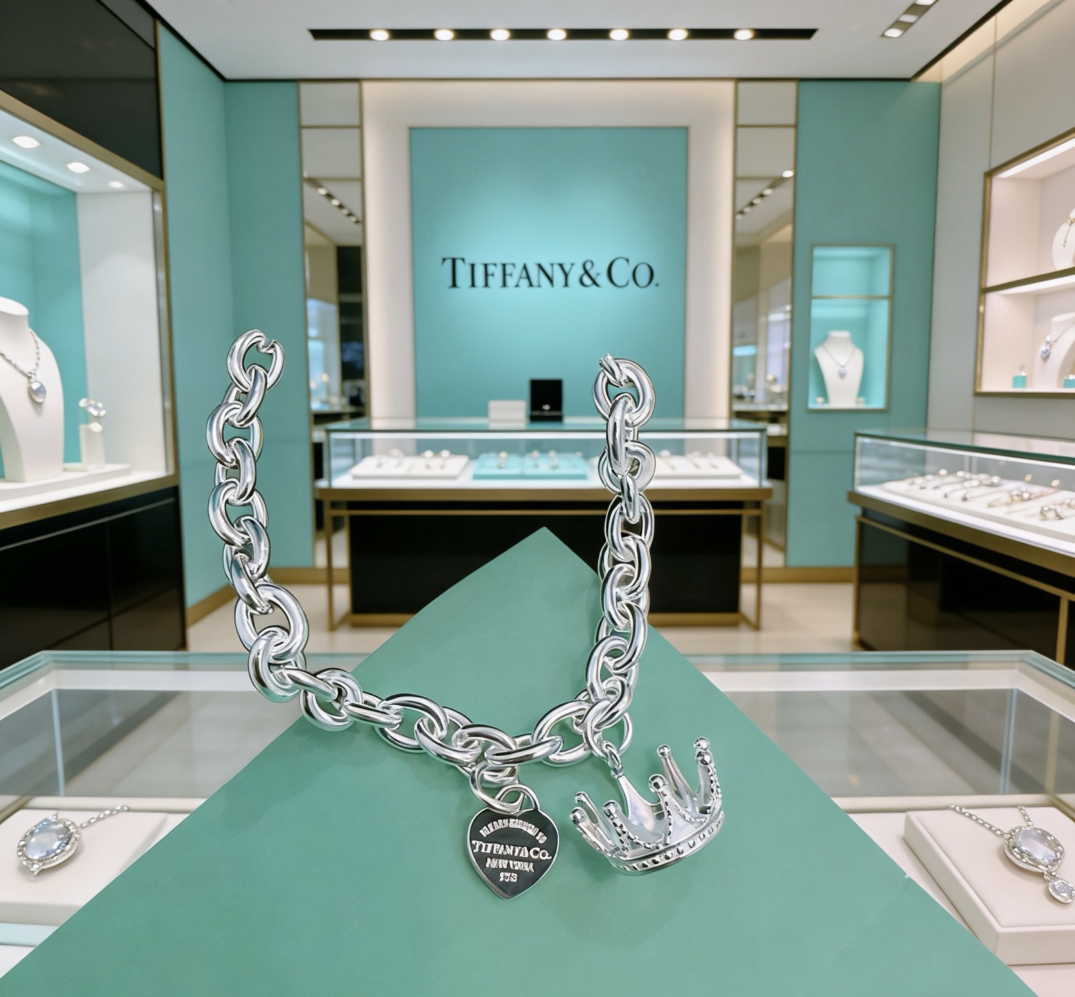 Tiffany Co Return to Tiffany Crown Charm bracelet sterling silver with black enamel heart tag 7 5 inches