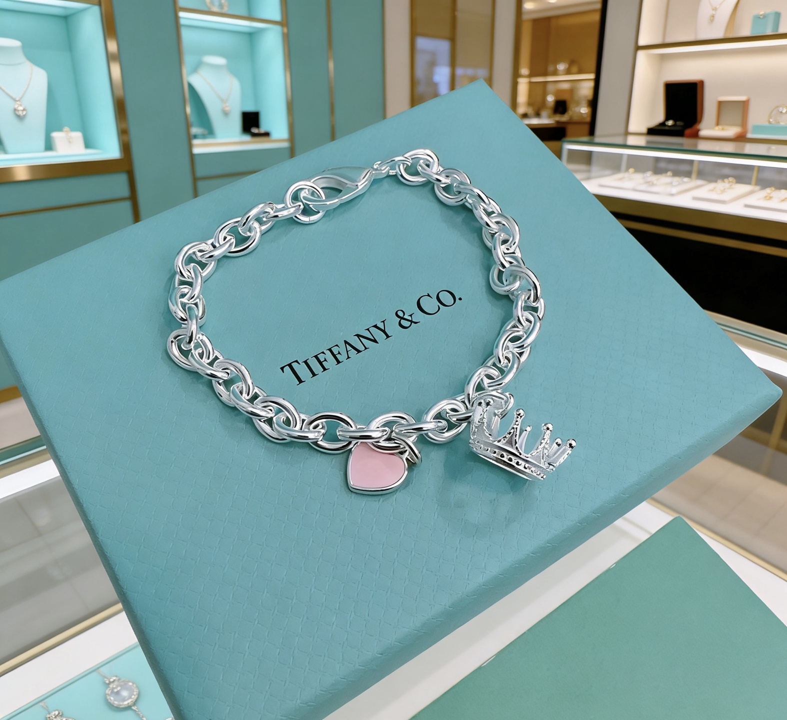 Tiffany Co Return to Tiffany Crown Charm bracelet sterling silver with black enamel heart tag 7 5 inches