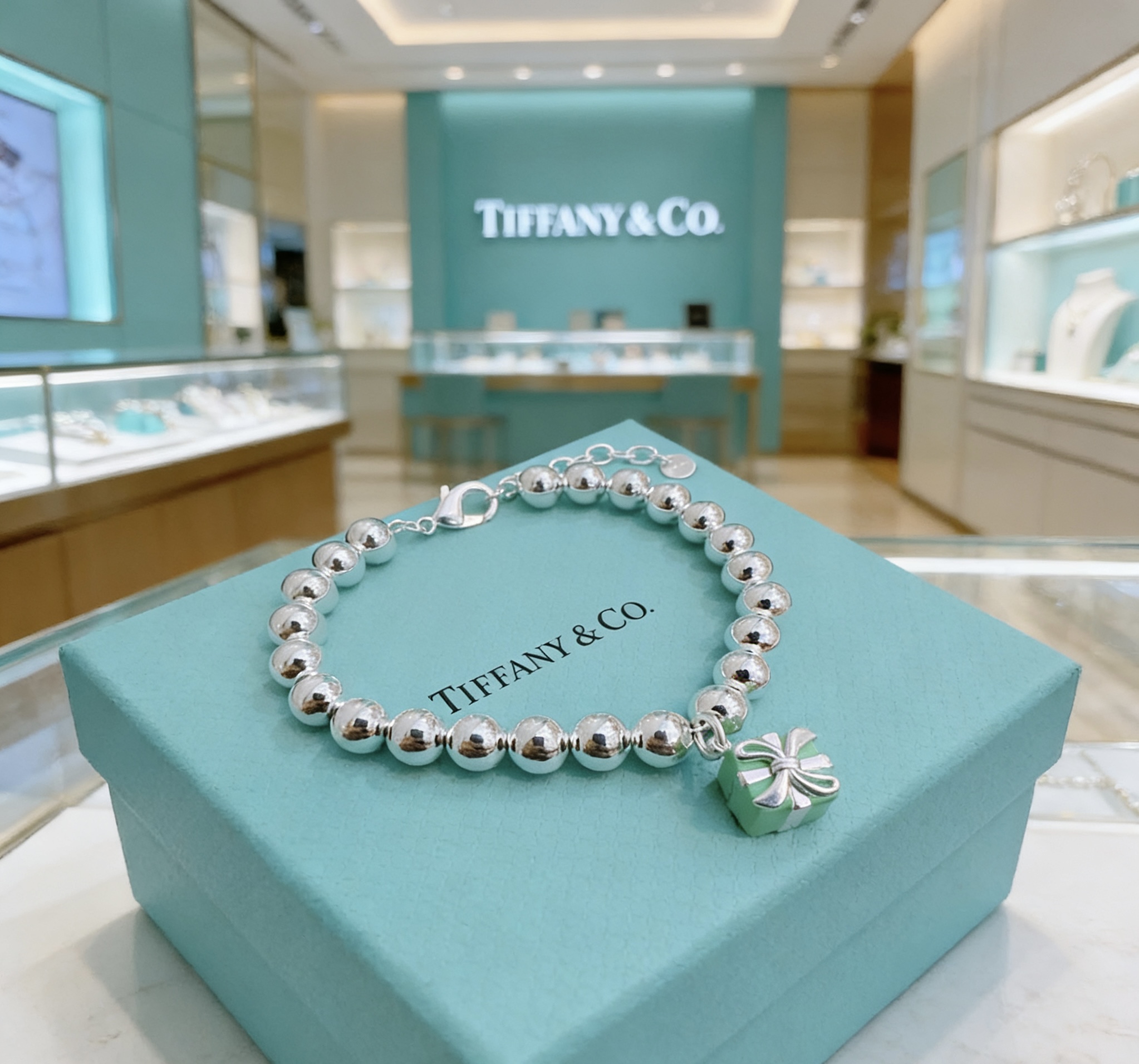 Tiffany Co Tiffany Blue Box Charm Bead Bracelet bracelet sterling silver metal with signature Tiffany Blue enamel charm 8mm bead diameter adjustable 16-19cm chain length