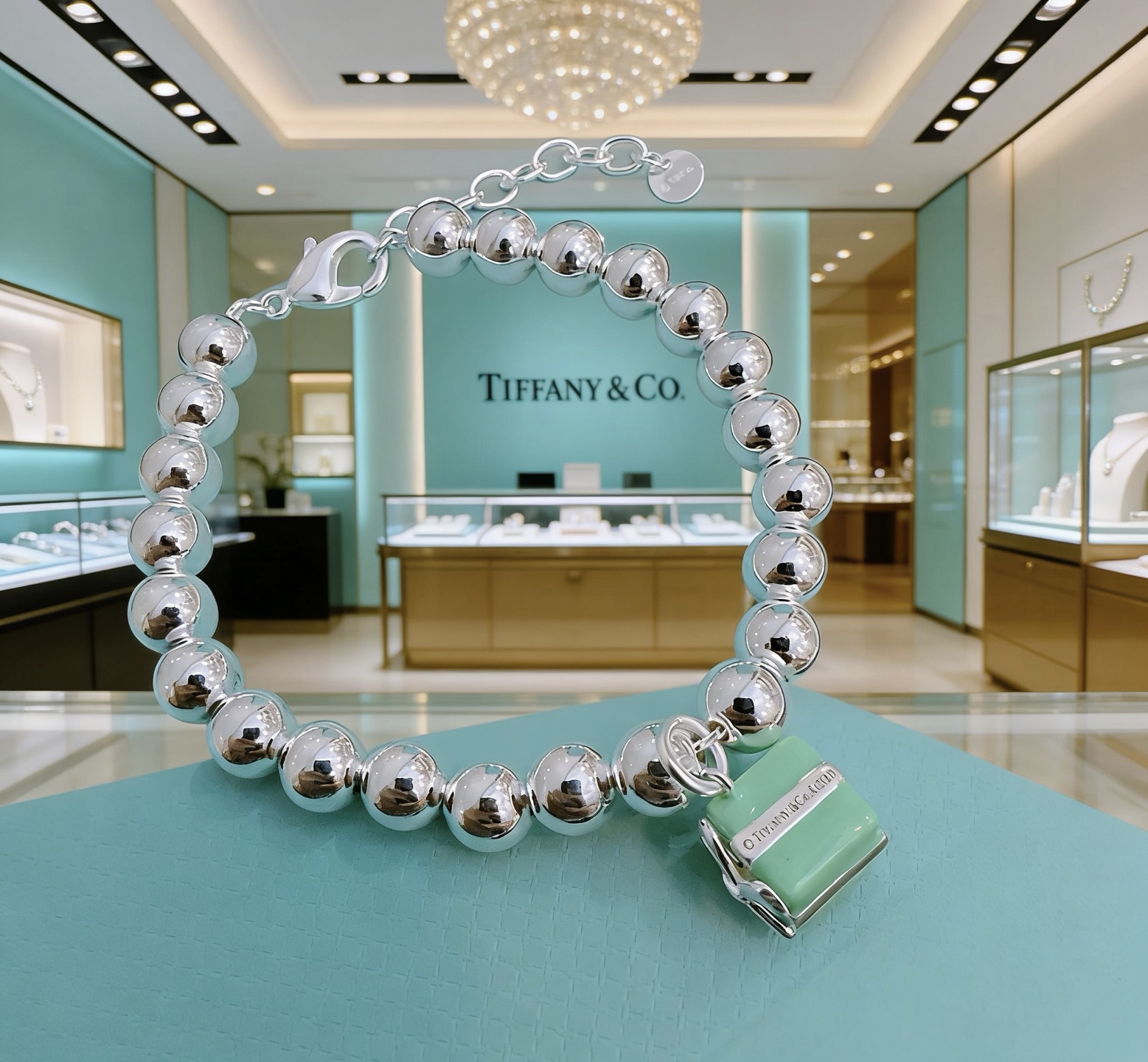 Tiffany Co Tiffany Blue Box Charm Bead Bracelet bracelet sterling silver metal with signature Tiffany Blue enamel charm 8mm bead diameter adjustable 16-19cm chain length