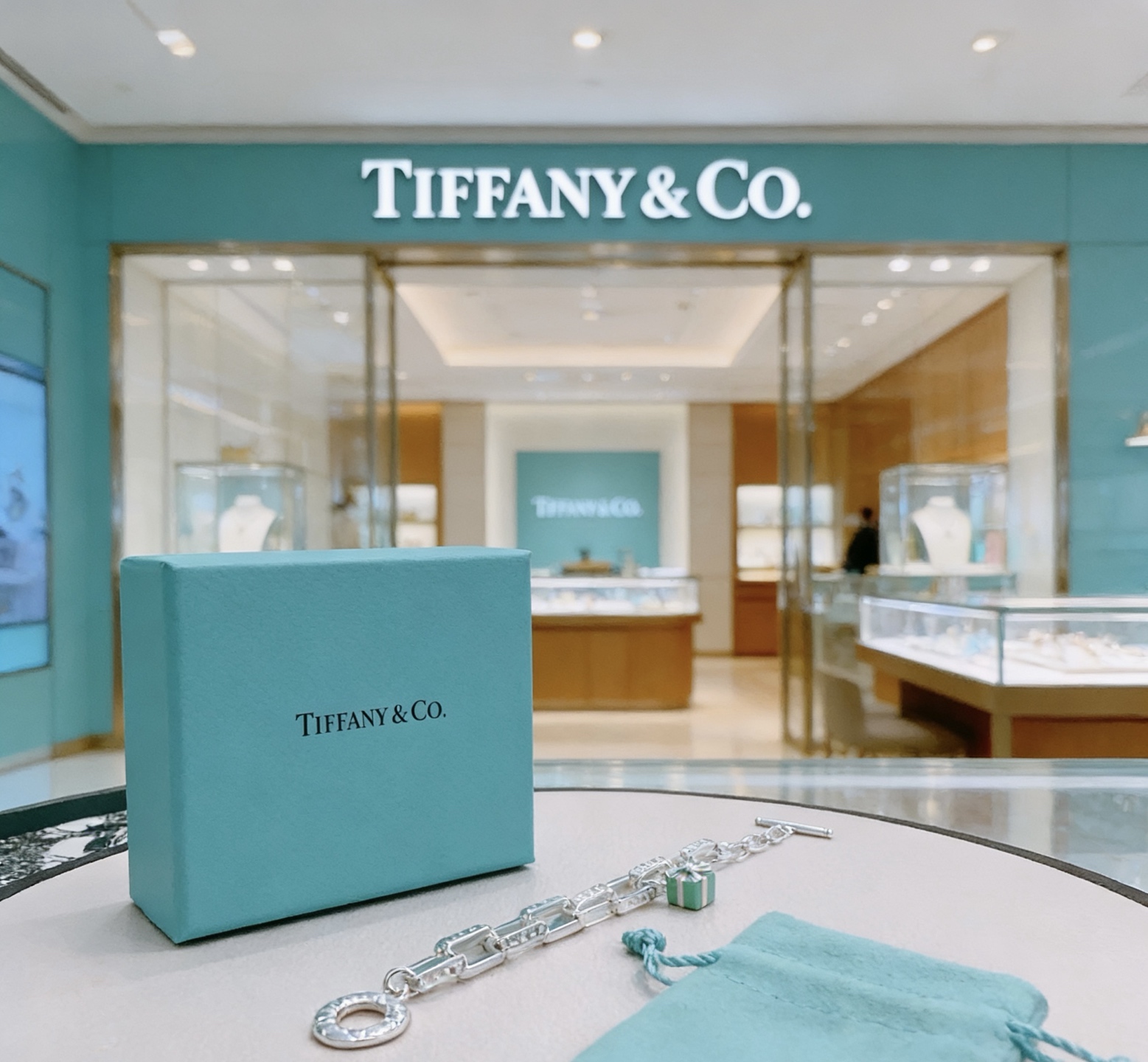 Tiffany Co T Co Gift Box Charm Chain Bracelet bracelet Sterling silver metal with Tiffany Blue enamel charm 18cm