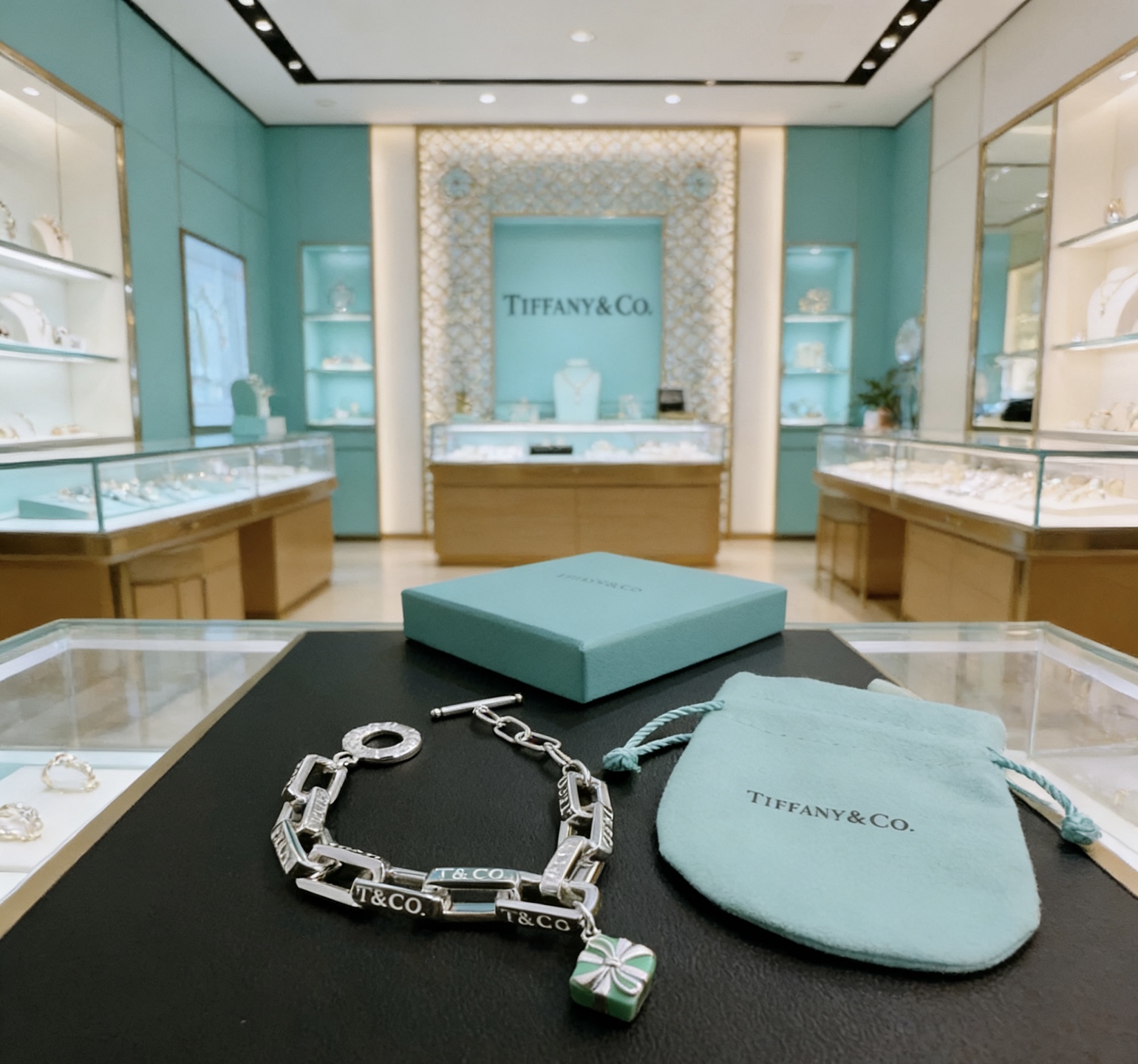 Tiffany Co T Co Gift Box Charm Chain Bracelet bracelet Sterling silver metal with Tiffany Blue enamel charm 18cm