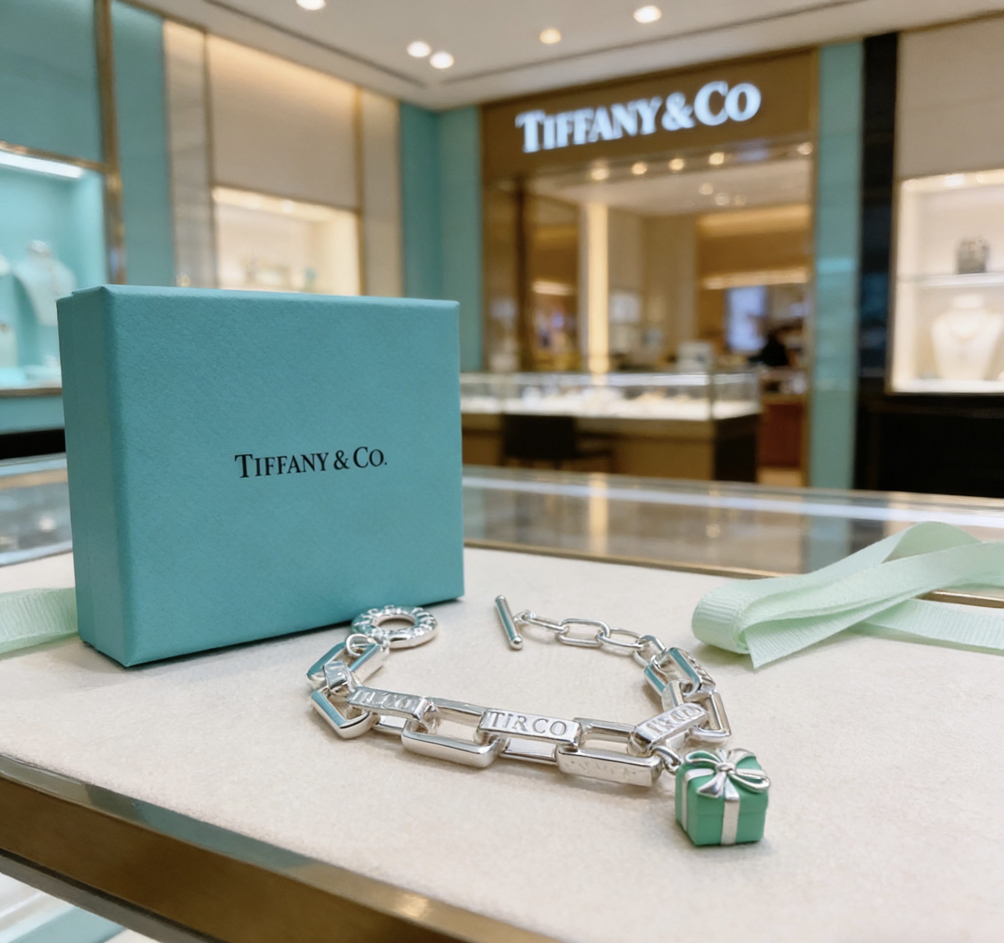 Tiffany Co T Co Gift Box Charm Chain Bracelet bracelet Sterling silver metal with Tiffany Blue enamel charm 18cm