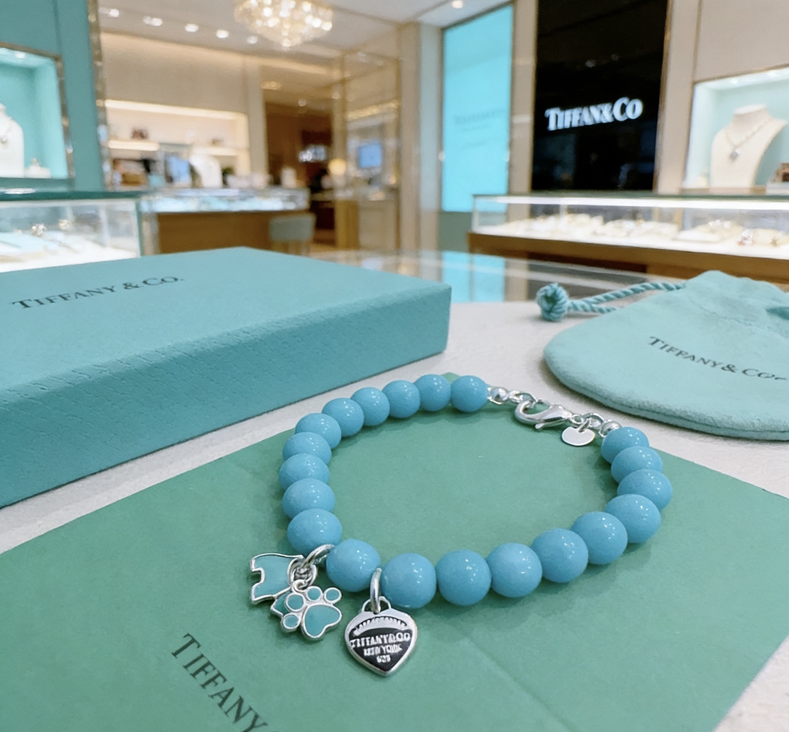 Tiffany Co Return to Tiffany Pet Lover Charm Bead Bracelet bracelet Sterling silver with turquoise blue beads black enamel heart tag turquoise enamel pet charms 7 inches