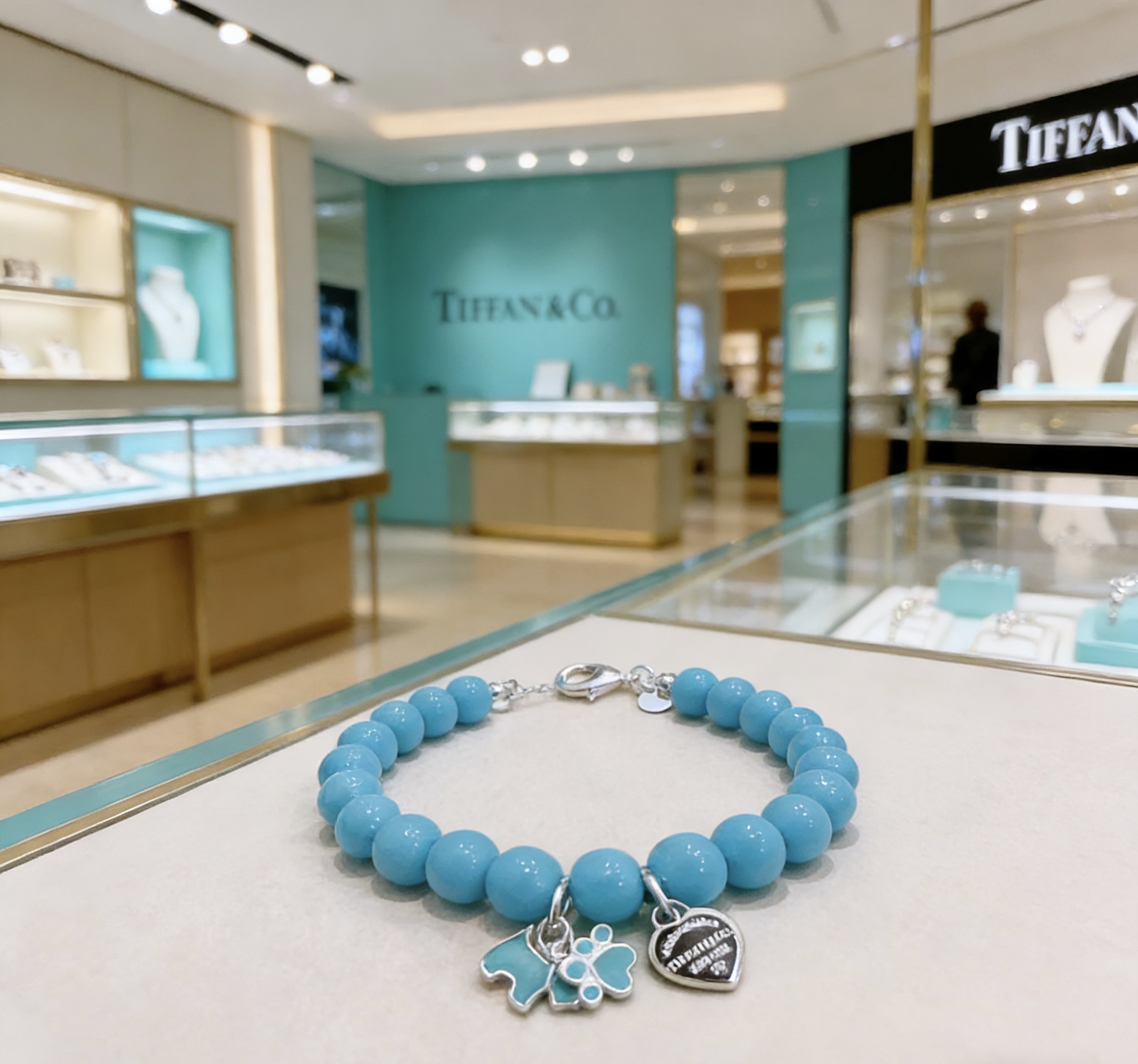 Tiffany Co Return to Tiffany Pet Lover Charm Bead Bracelet bracelet Sterling silver with turquoise blue beads black enamel heart tag turquoise enamel pet charms 7 inches