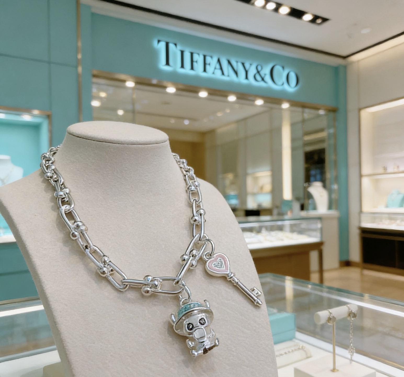 Tiffany Co HardWear Charm bracelet silver metal with light blue and pink enamel accents 18cm