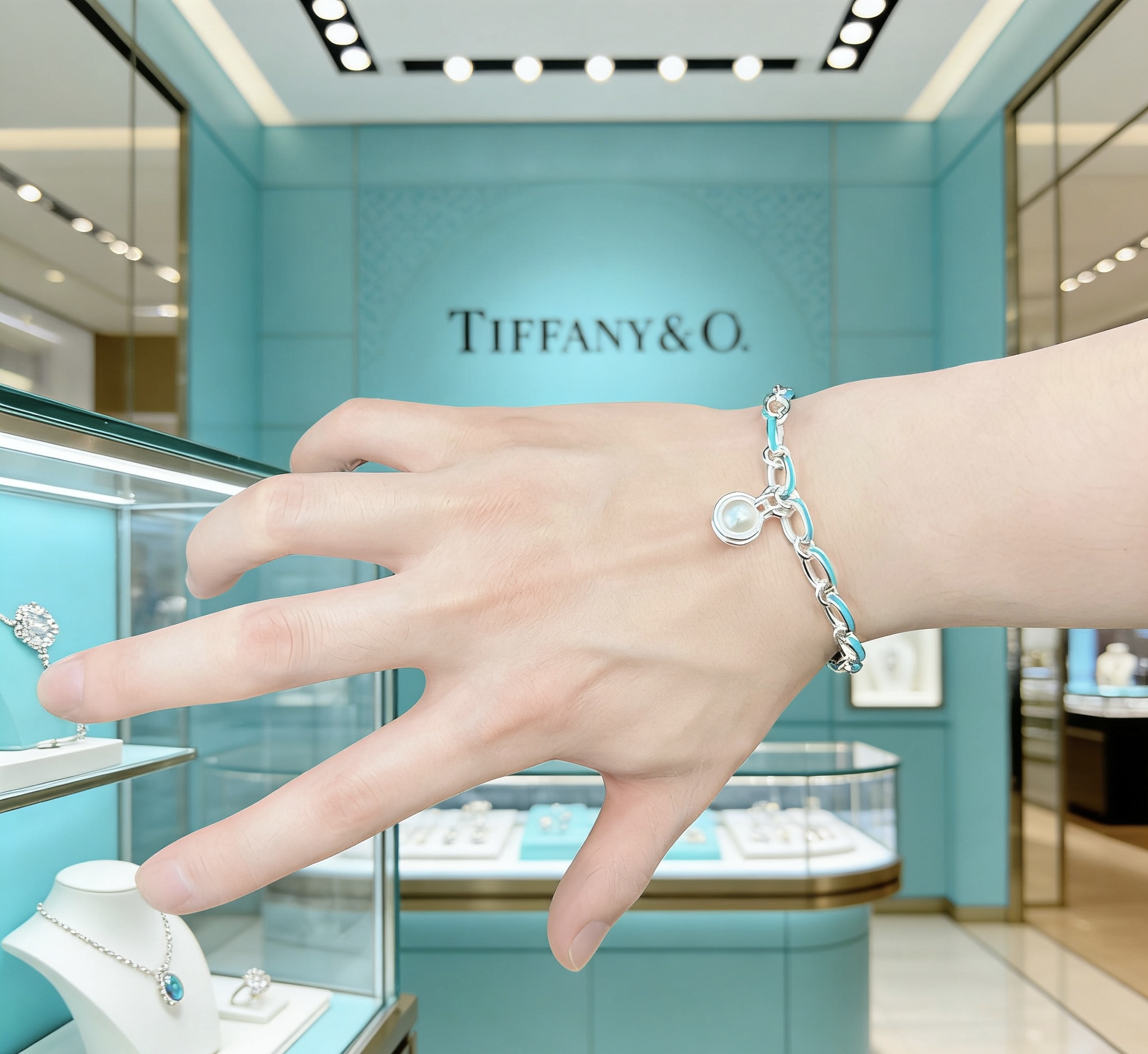 Tiffany Co Tiffany HardWear Pearl Charm Bracelet bracelet Silver-toned metal with Tiffany Blue enamel accents and white freshwater pearl charm 17cm
