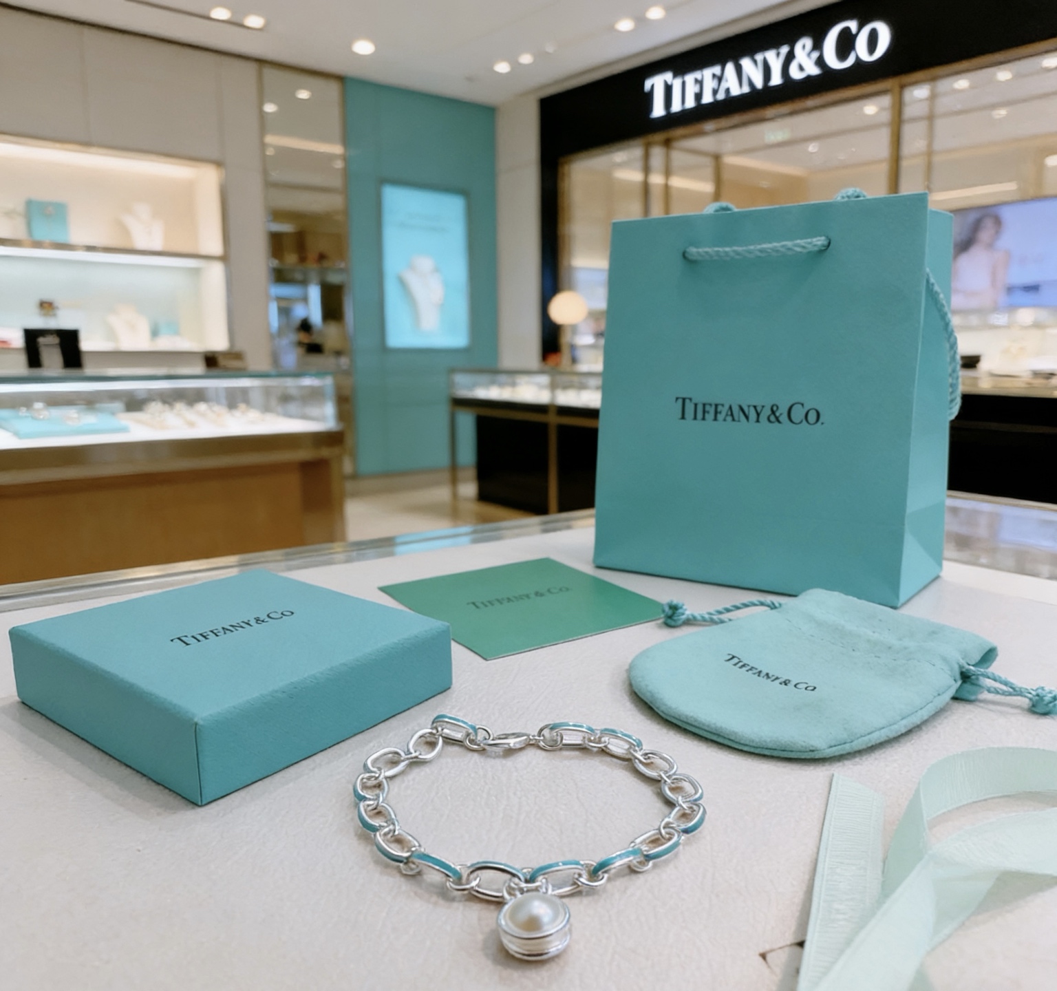 Tiffany Co Tiffany HardWear Pearl Charm Bracelet bracelet Silver-toned metal with Tiffany Blue enamel accents and white freshwater pearl charm 17cm