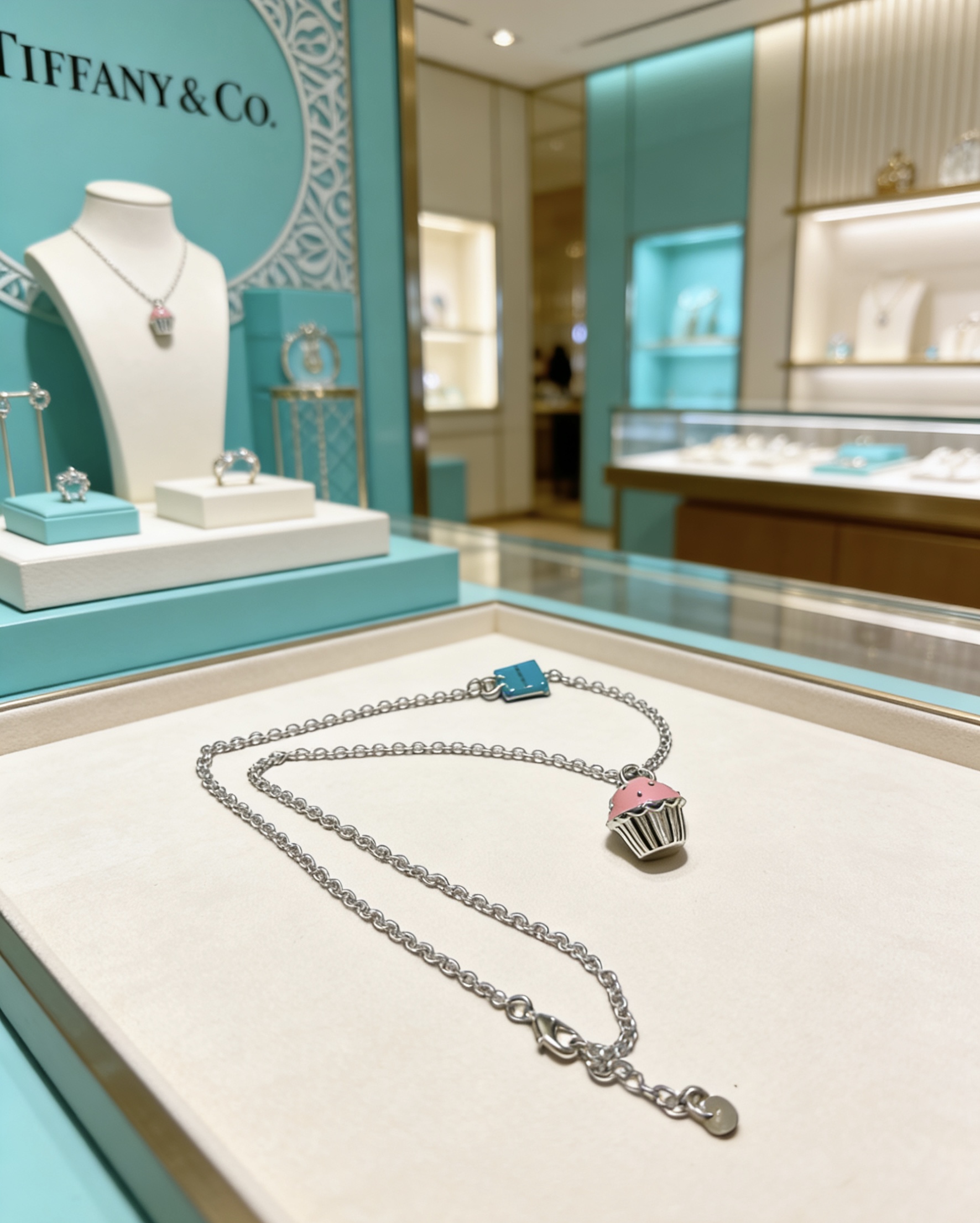 Tiffany Co Cupcake Charm Necklace necklace Sterling silver metal with pink enamel cupcake pendant accented by a signature Tiffany blue enamel charm 18 inches