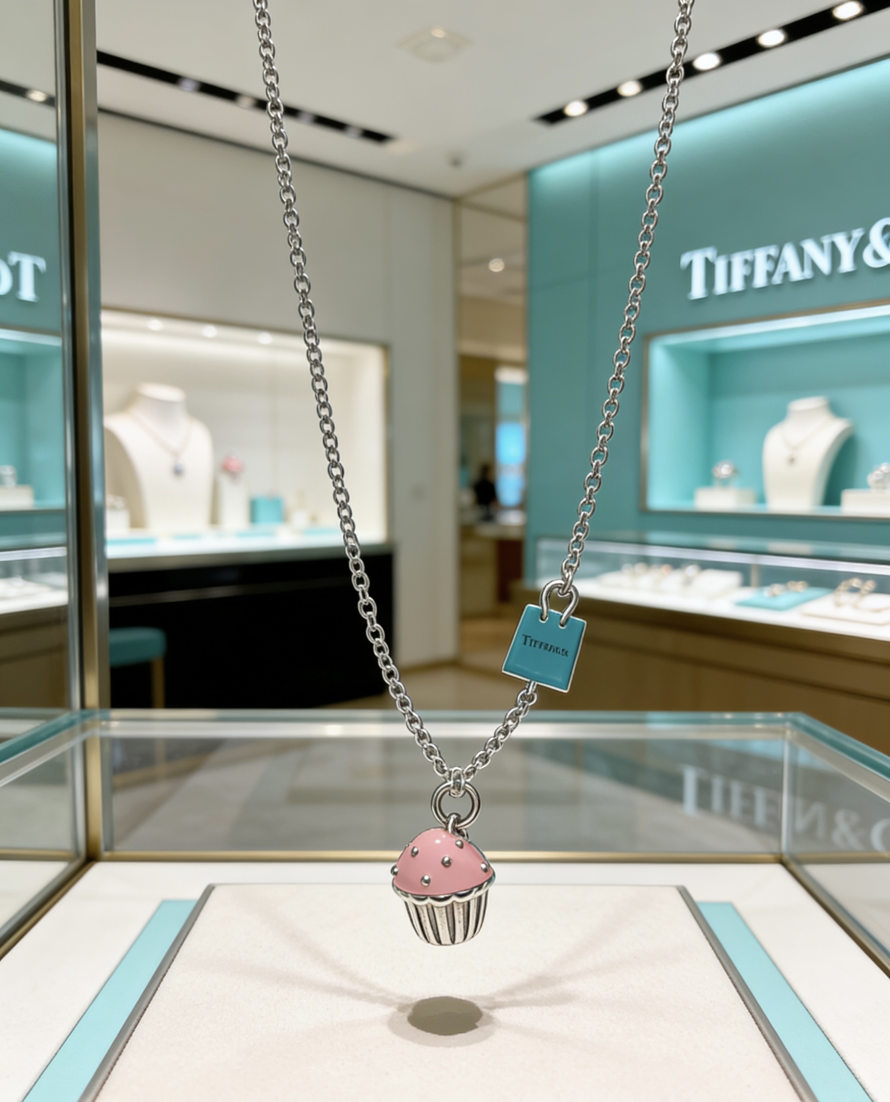 Tiffany Co Cupcake Charm Necklace necklace Sterling silver metal with pink enamel cupcake pendant accented by a signature Tiffany blue enamel charm 18 inches