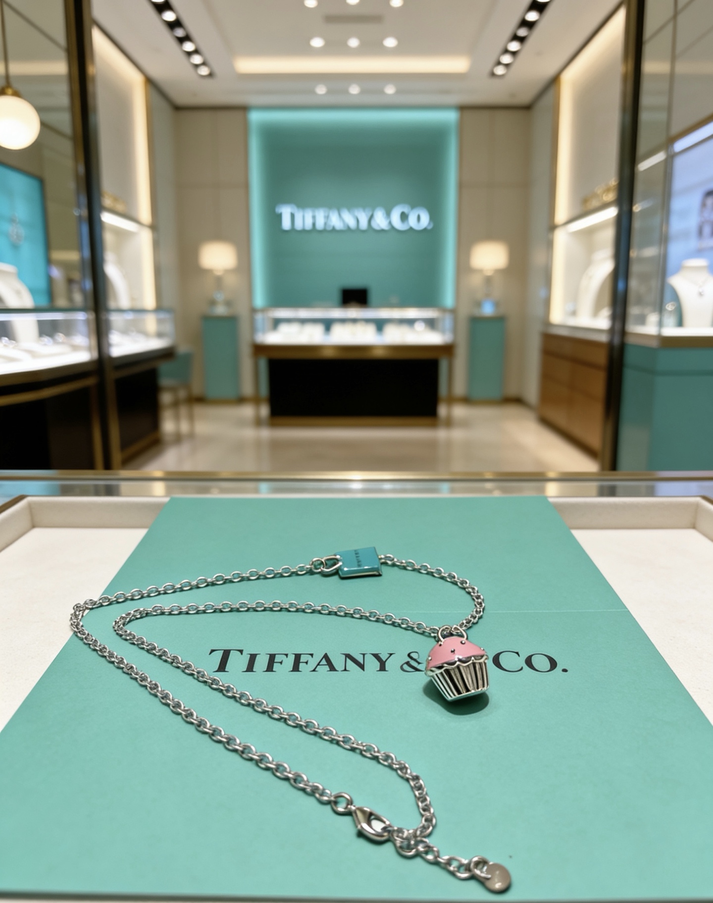 Tiffany Co Cupcake Charm Necklace necklace Sterling silver metal with pink enamel cupcake pendant accented by a signature Tiffany blue enamel charm 18 inches