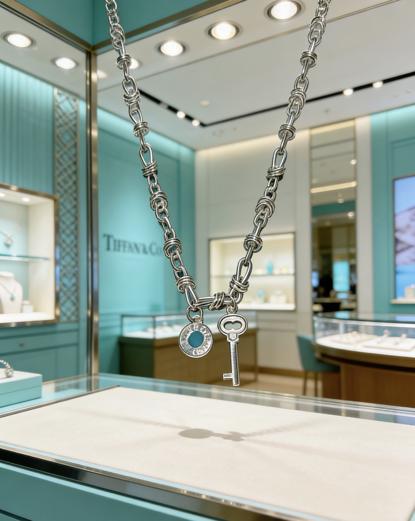 Tiffany Co Tiffany Keys necklace silver-toned metal with turquoise blue enamel accent and clear diamond pave on key charm 18 inches
