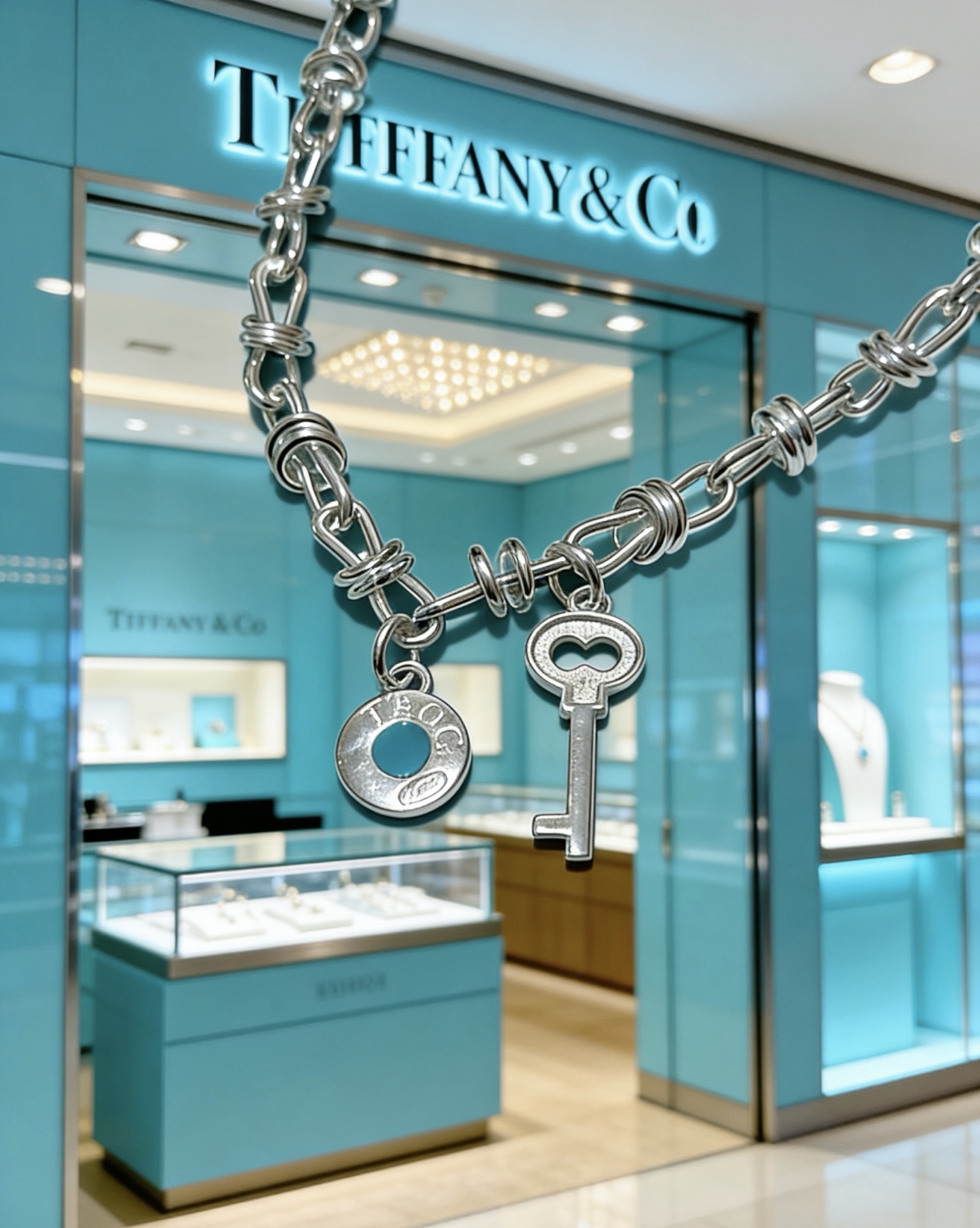 Tiffany Co Tiffany Keys necklace silver-toned metal with turquoise blue enamel accent and clear diamond pave on key charm 18 inches