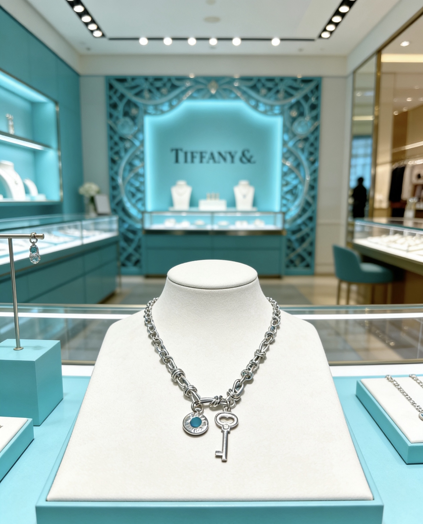 Tiffany Co Tiffany Keys necklace silver-toned metal with turquoise blue enamel accent and clear diamond pave on key charm 18 inches