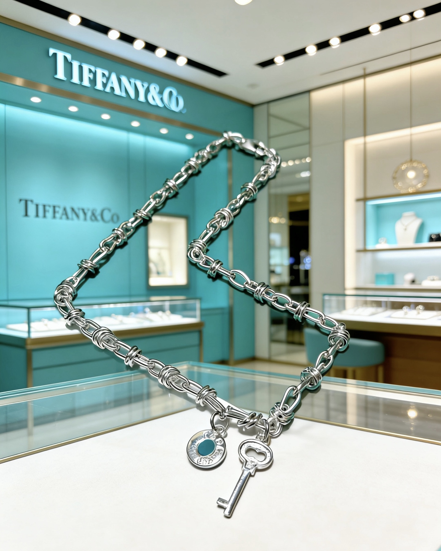 Tiffany Co Tiffany Keys necklace silver-toned metal with turquoise blue enamel accent and clear diamond pave on key charm 18 inches