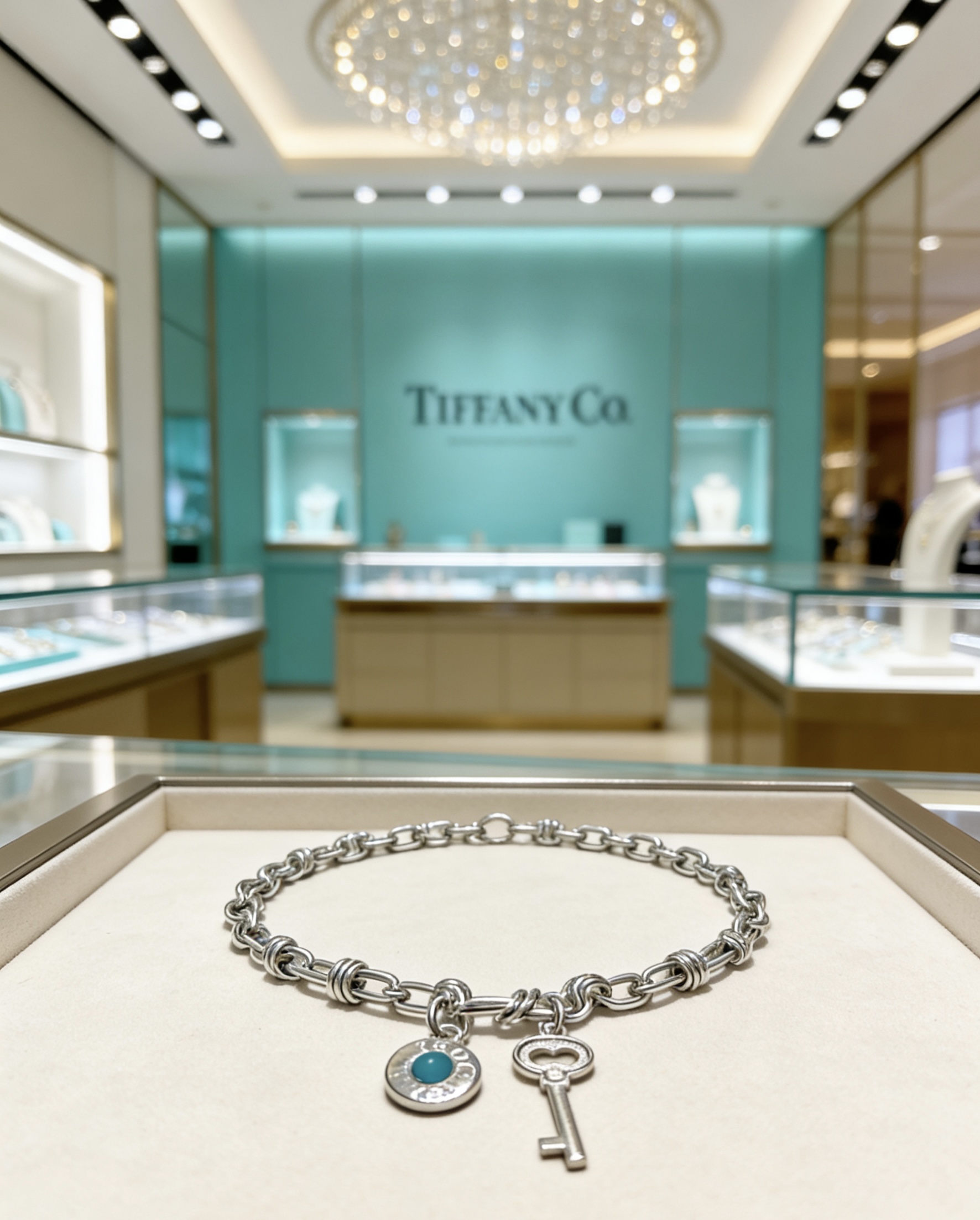 Tiffany Co Tiffany Keys necklace silver-toned metal with turquoise blue enamel accent and clear diamond pave on key charm 18 inches