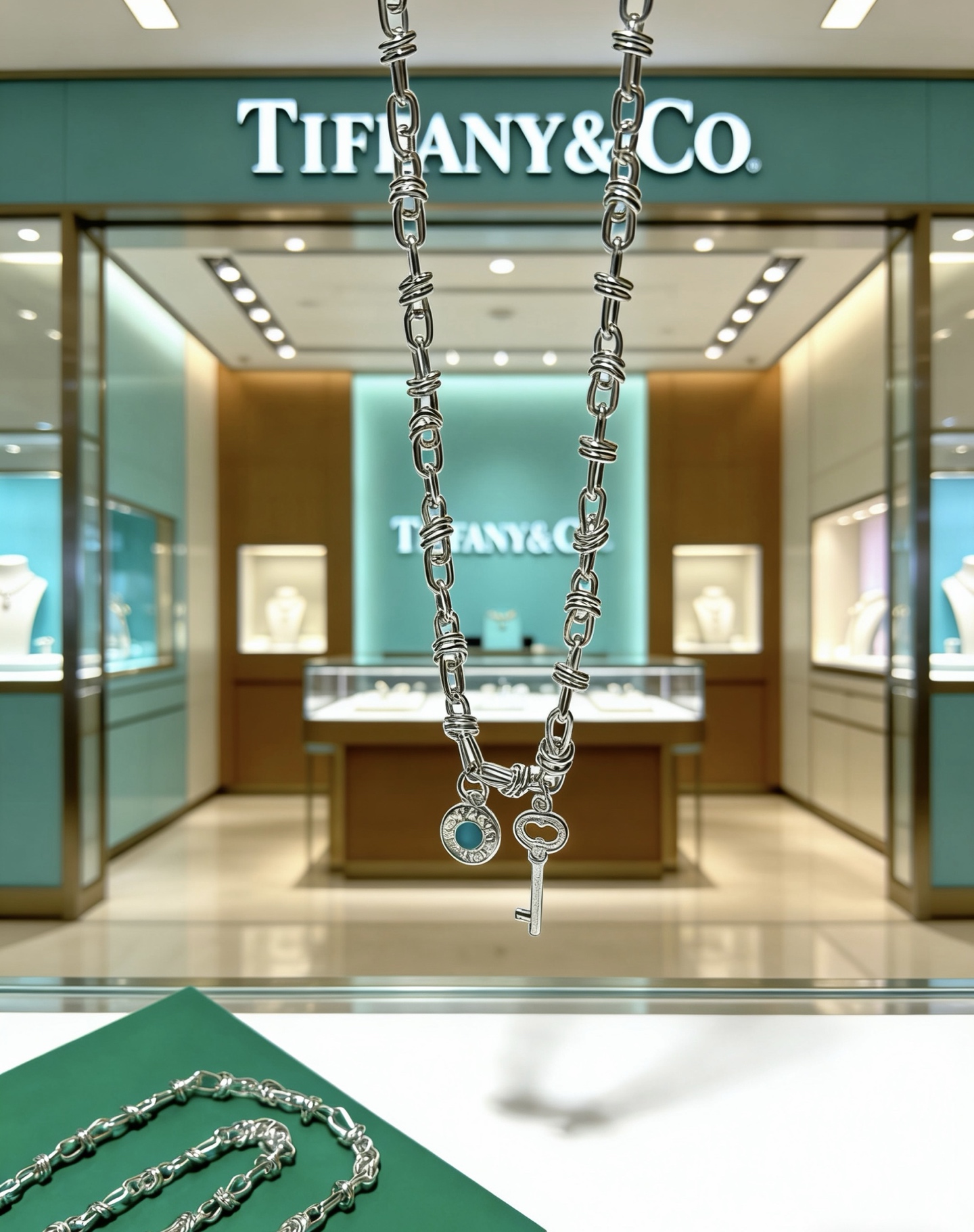 Tiffany Co Tiffany Keys necklace silver-toned metal with turquoise blue enamel accent and clear diamond pave on key charm 18 inches