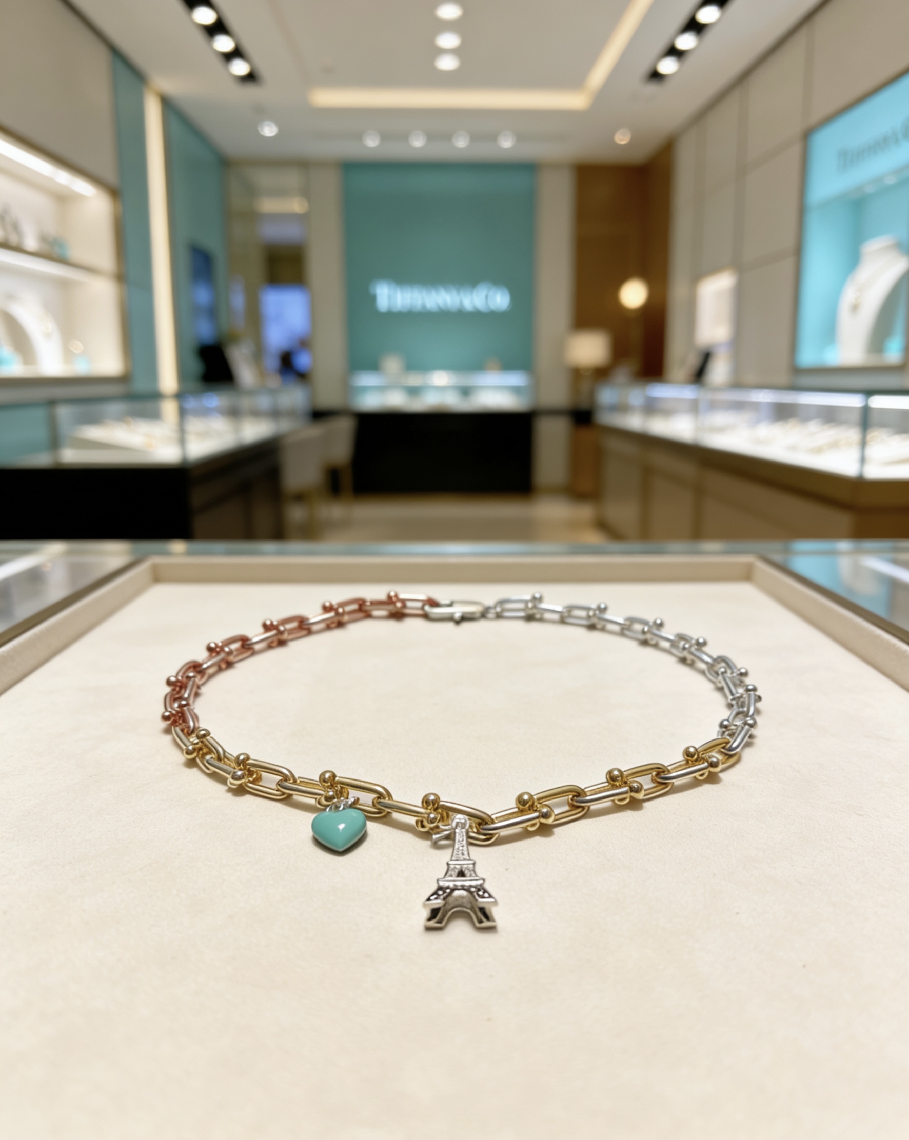 Tiffany Co HardWear necklace Tri-tone rose gold yellow gold silver metal with turquoise heart charm and silver Eiffel Tower charm 45cm
