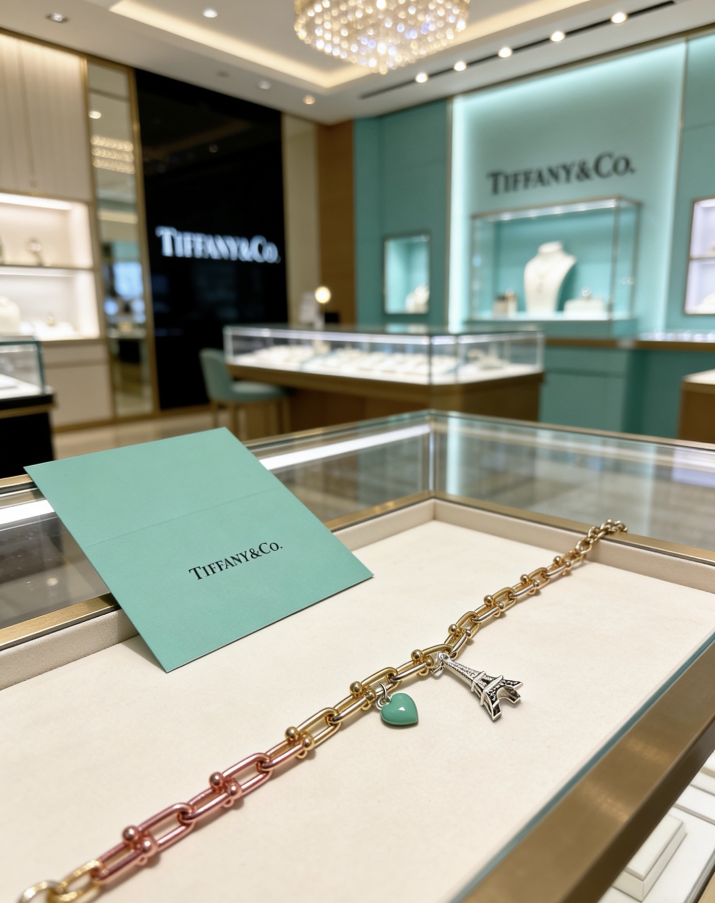 Tiffany Co HardWear necklace Tri-tone rose gold yellow gold silver metal with turquoise heart charm and silver Eiffel Tower charm 45cm