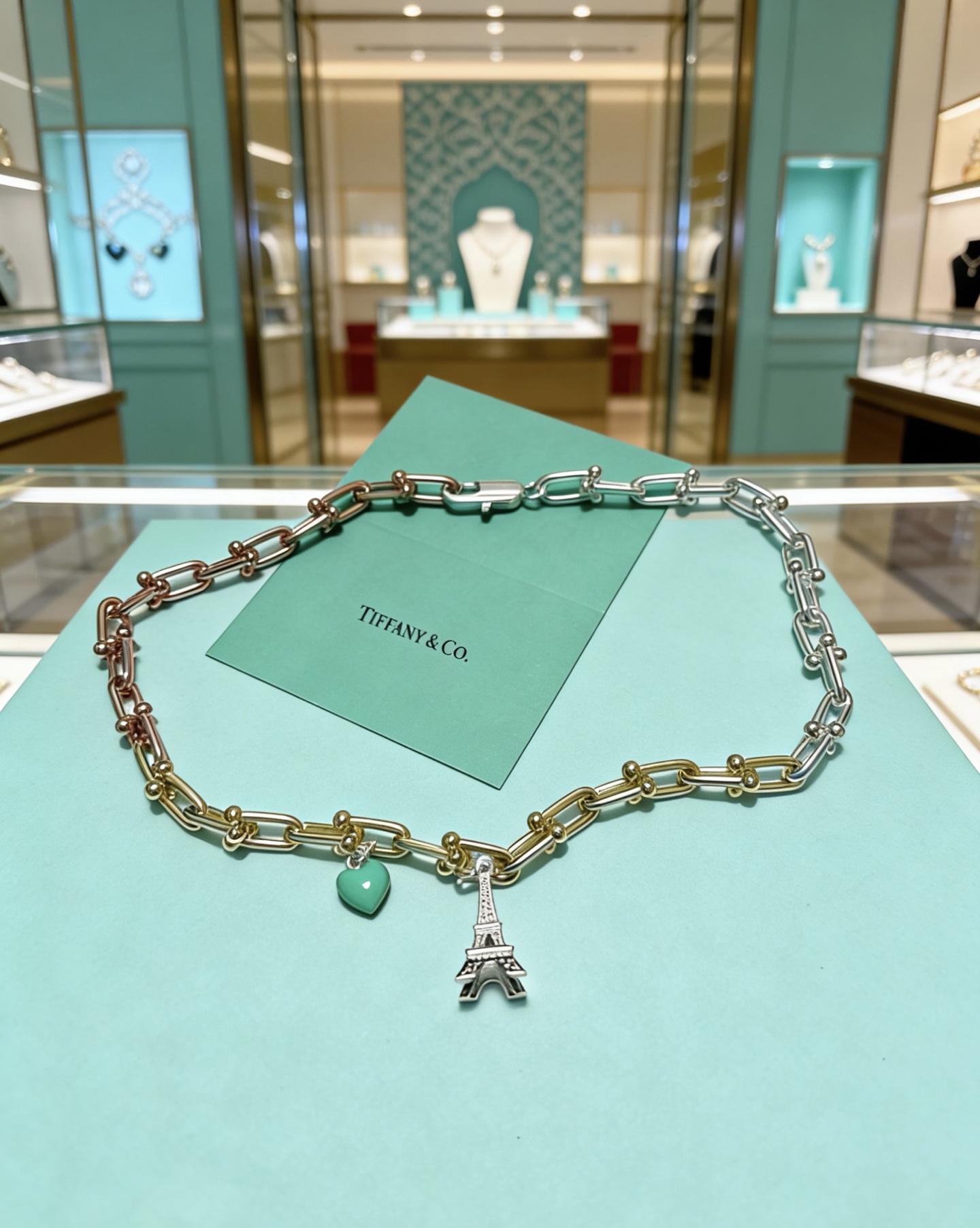 Tiffany Co HardWear necklace Tri-tone rose gold yellow gold silver metal with turquoise heart charm and silver Eiffel Tower charm 45cm