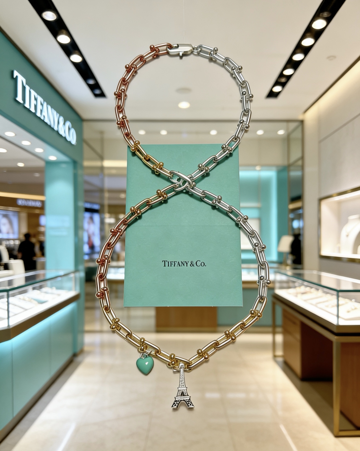 Tiffany Co HardWear necklace Tri-tone rose gold yellow gold silver metal with turquoise heart charm and silver Eiffel Tower charm 45cm
