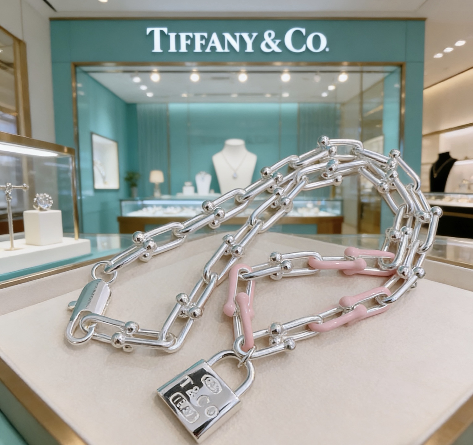 Tiffany Co HardWear Lock Pendant necklace Sterling silver with blush pink enamel accents polished silver lock pendant 55cm