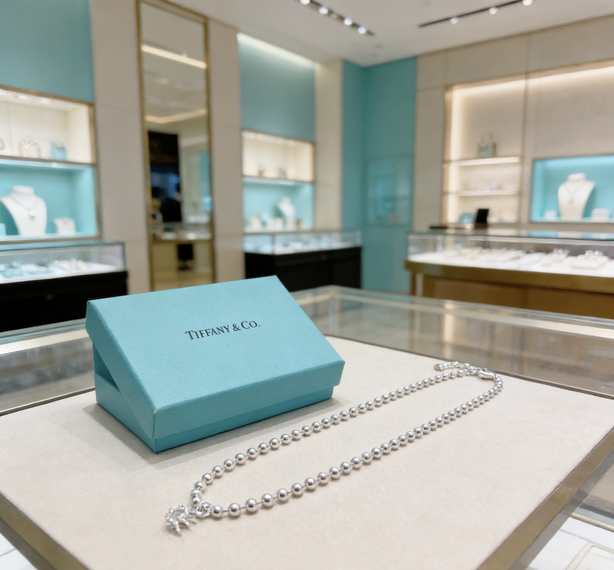 Tiffany Co Return to Tiffany Bead Chain necklace sterling silver with clear accent stone 18 inches