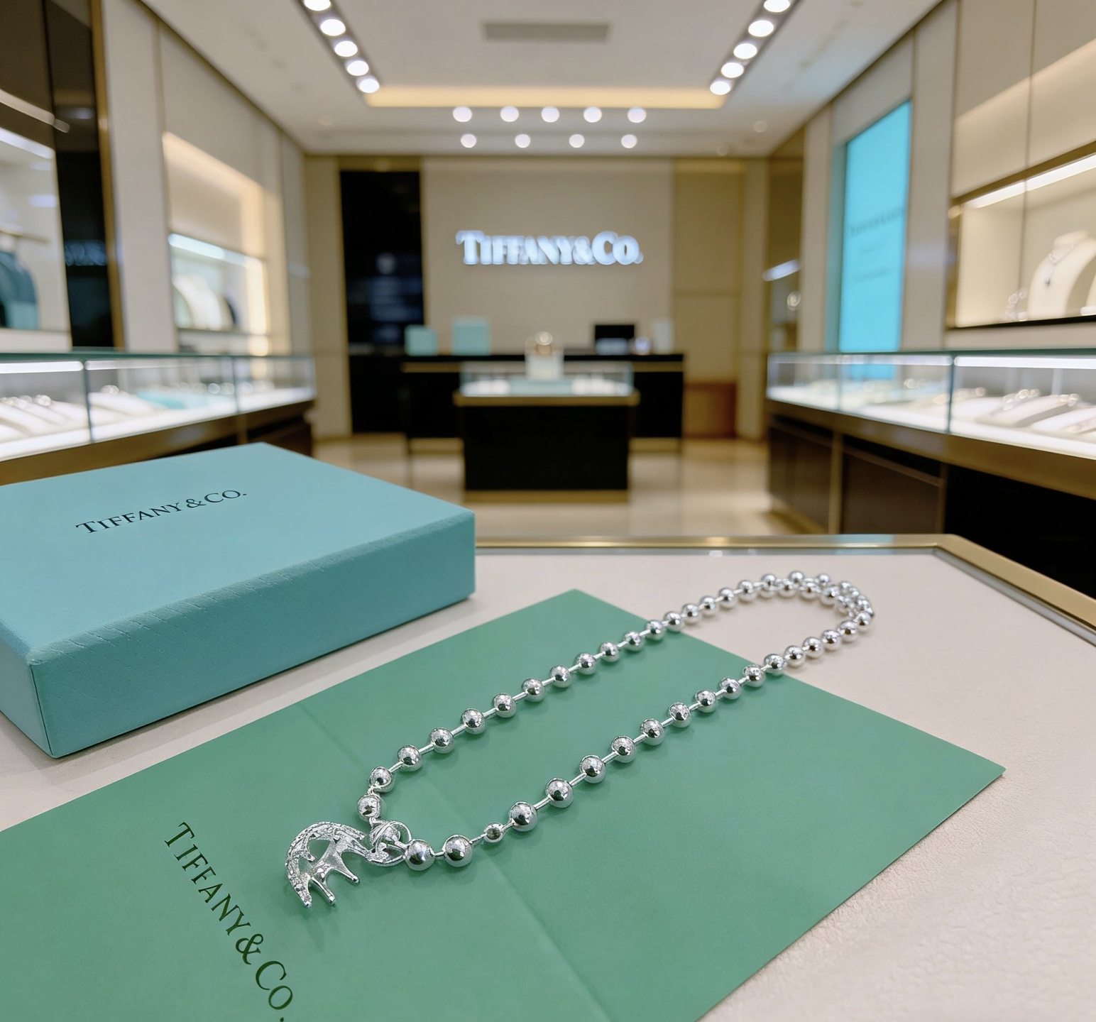 Tiffany Co Return to Tiffany Bead Chain necklace sterling silver with clear accent stone 18 inches