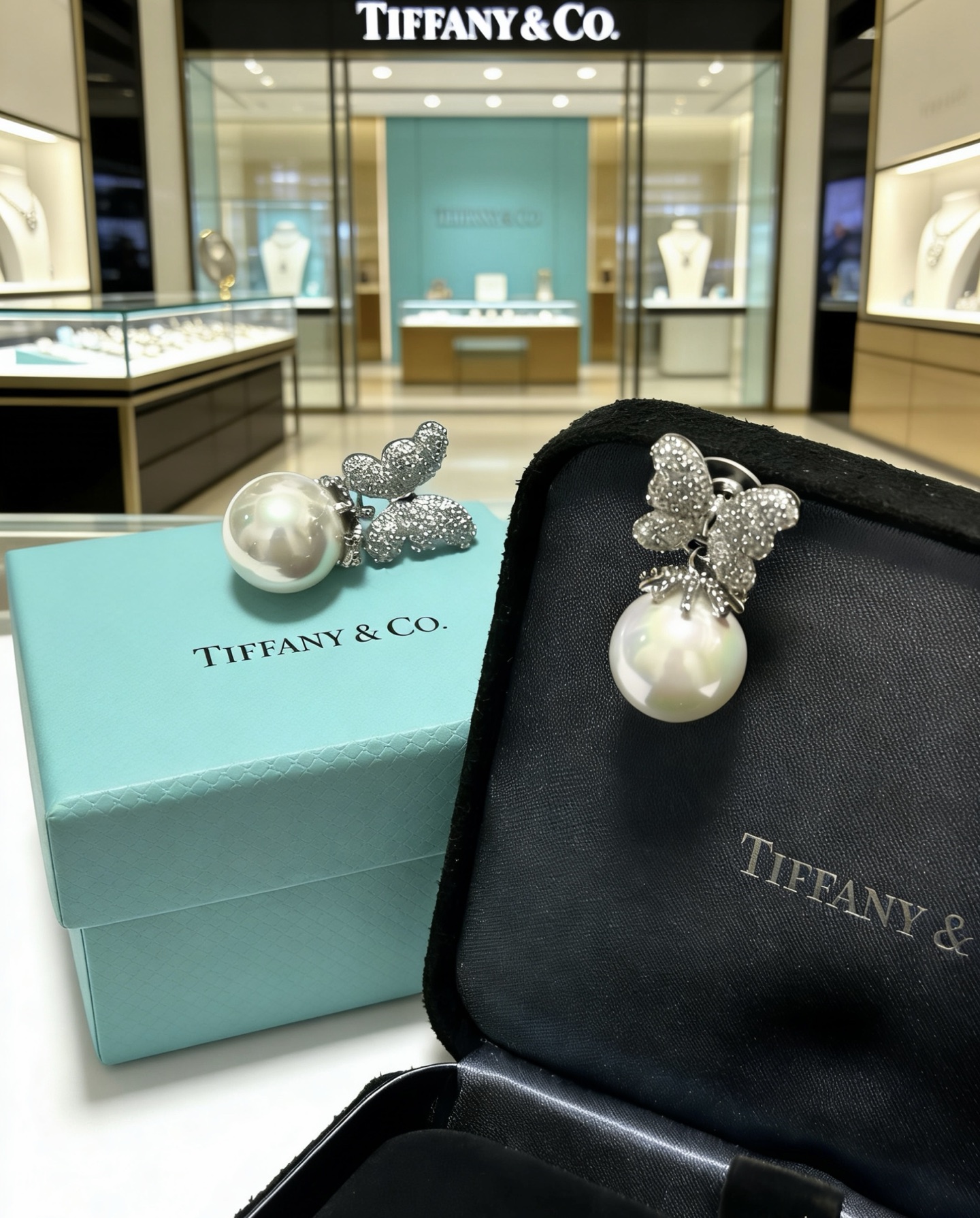 Tiffany Co Marquise Butterfly Pearl Commemorative Earrings earrings Platinum-toned metal white freshwater pearl clear high-carbon diamond accents One size standard stud earring fit