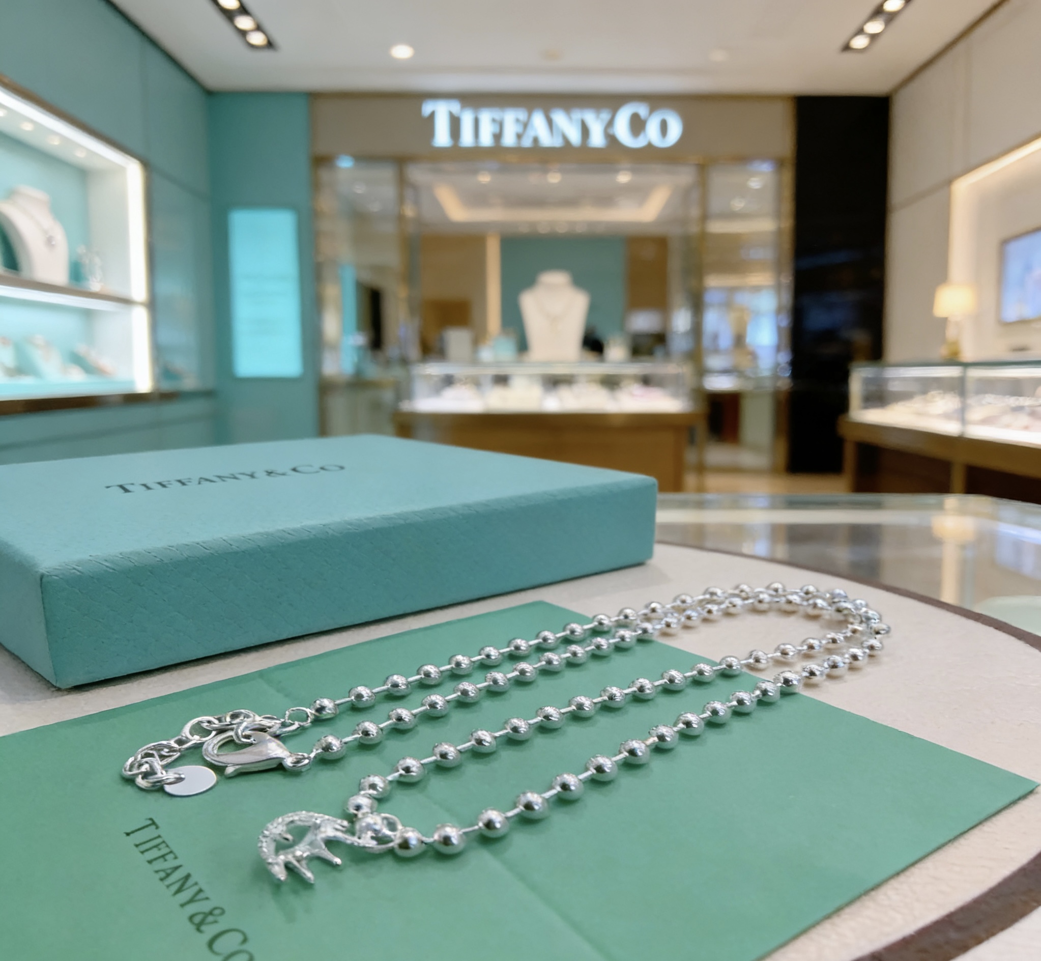 Tiffany Co Return to Tiffany Bead Chain necklace sterling silver with clear accent stone 18 inches