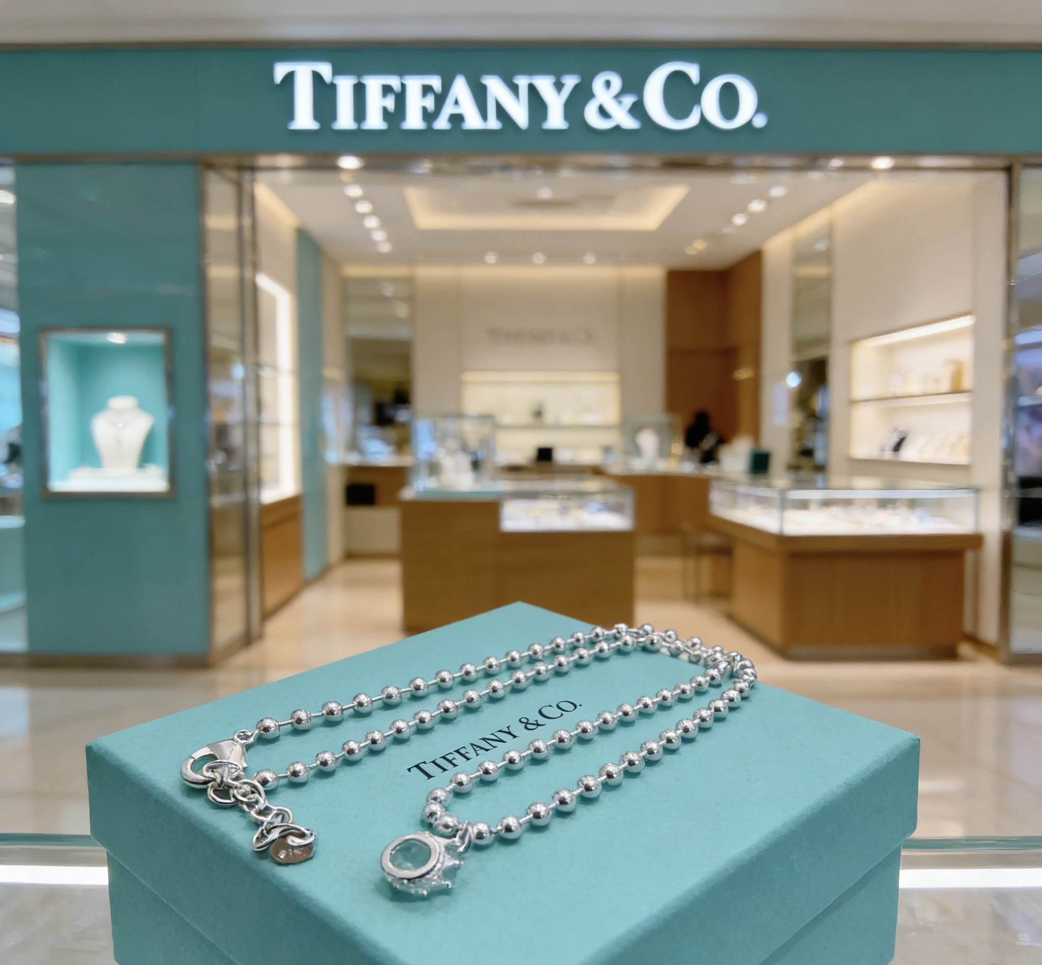 Tiffany Co Return to Tiffany Bead Chain necklace sterling silver with clear accent stone 18 inches