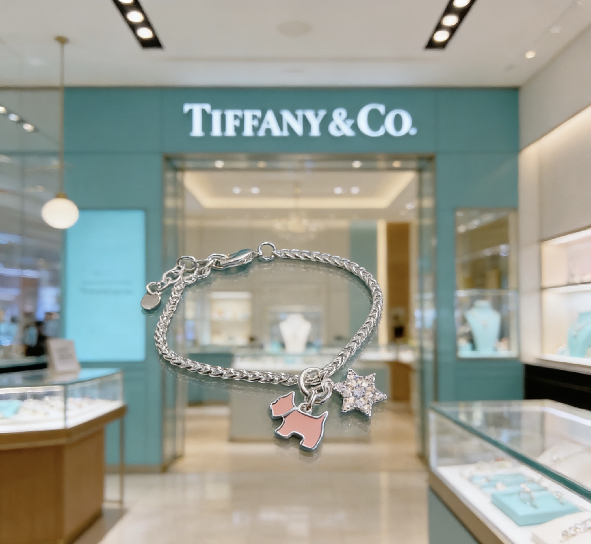 Tiffany Co Charm Bracelet bracelet Silver-toned metal with pink enamel dog charm and clear pave star charm 18cm