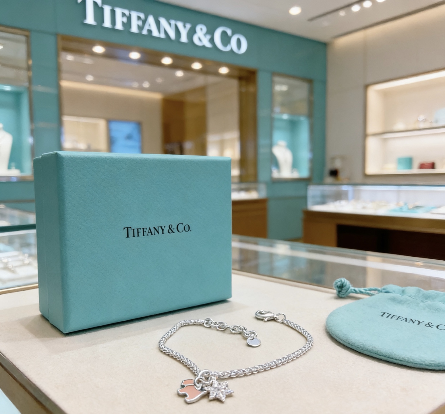 Tiffany Co Charm Bracelet bracelet Silver-toned metal with pink enamel dog charm and clear pave star charm 18cm