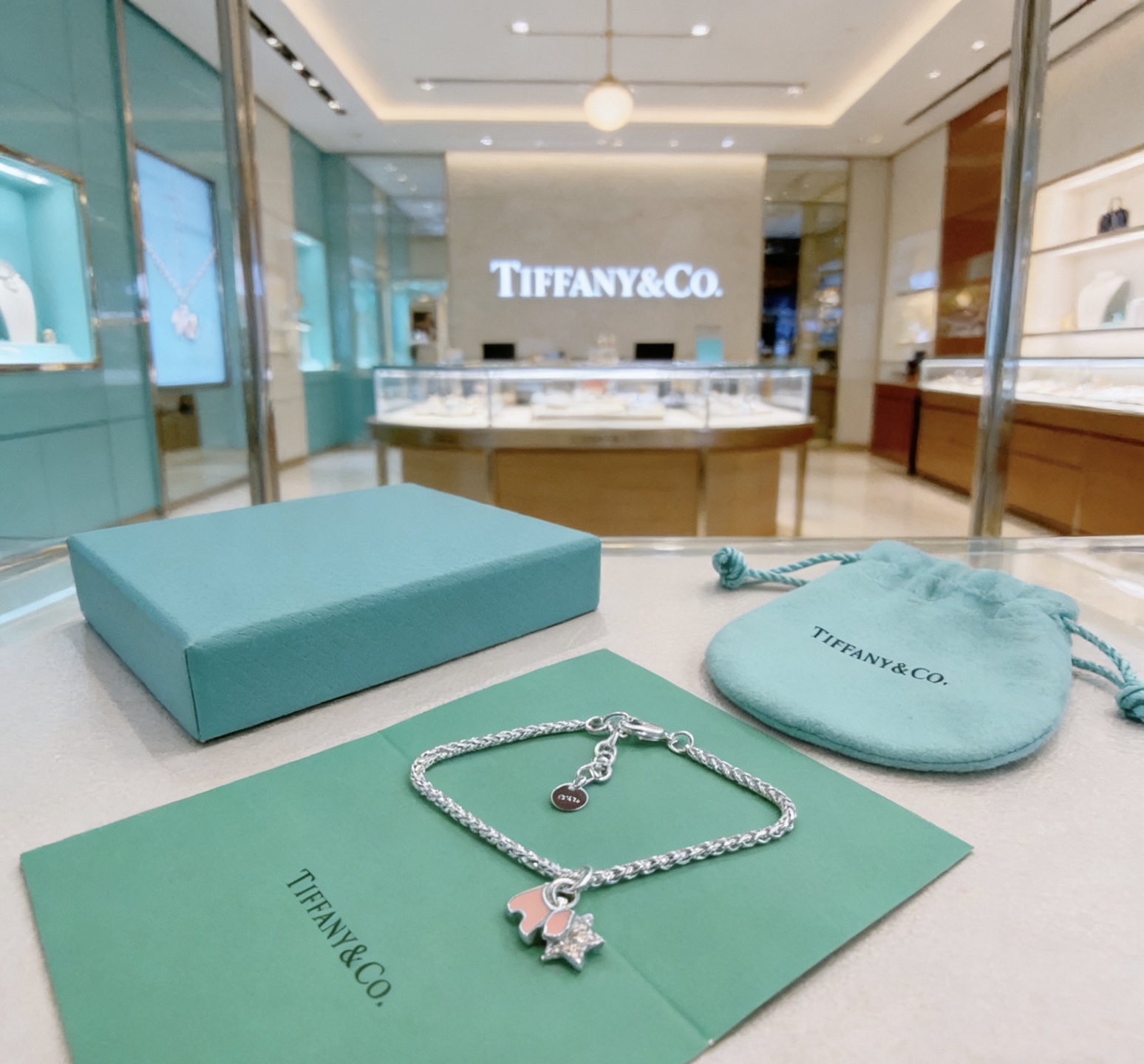 Tiffany Co Charm Bracelet bracelet Silver-toned metal with pink enamel dog charm and clear pave star charm 18cm