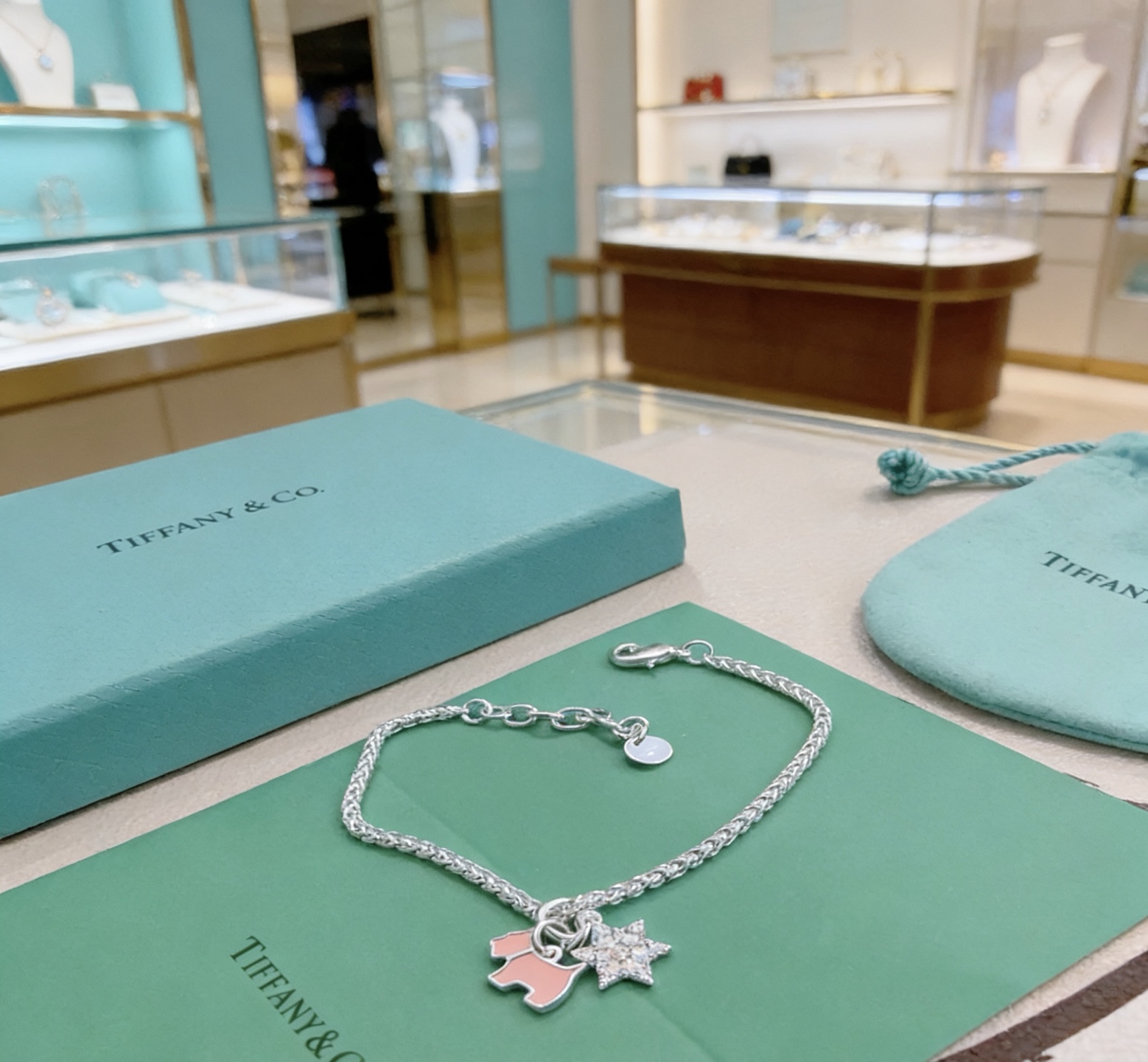 Tiffany Co Charm Bracelet bracelet Silver-toned metal with pink enamel dog charm and clear pave star charm 18cm