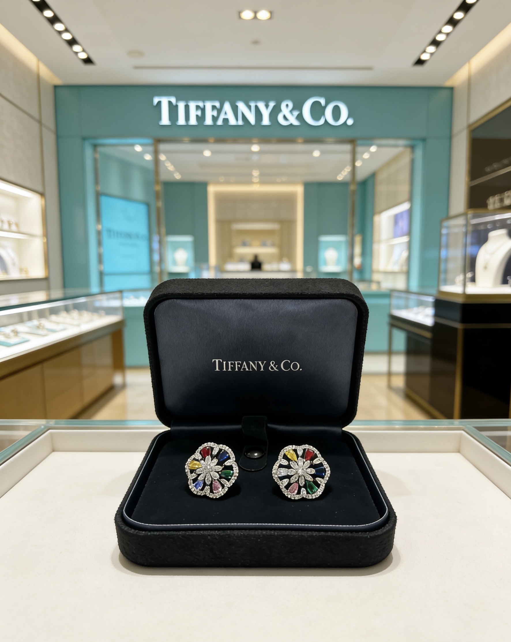 Tiffany Co Marquise Commemorative Earrings earrings Platinum-toned metal with white diamonds and multicolored gemstones red blue green yellow pink 1 5cm stud diameter