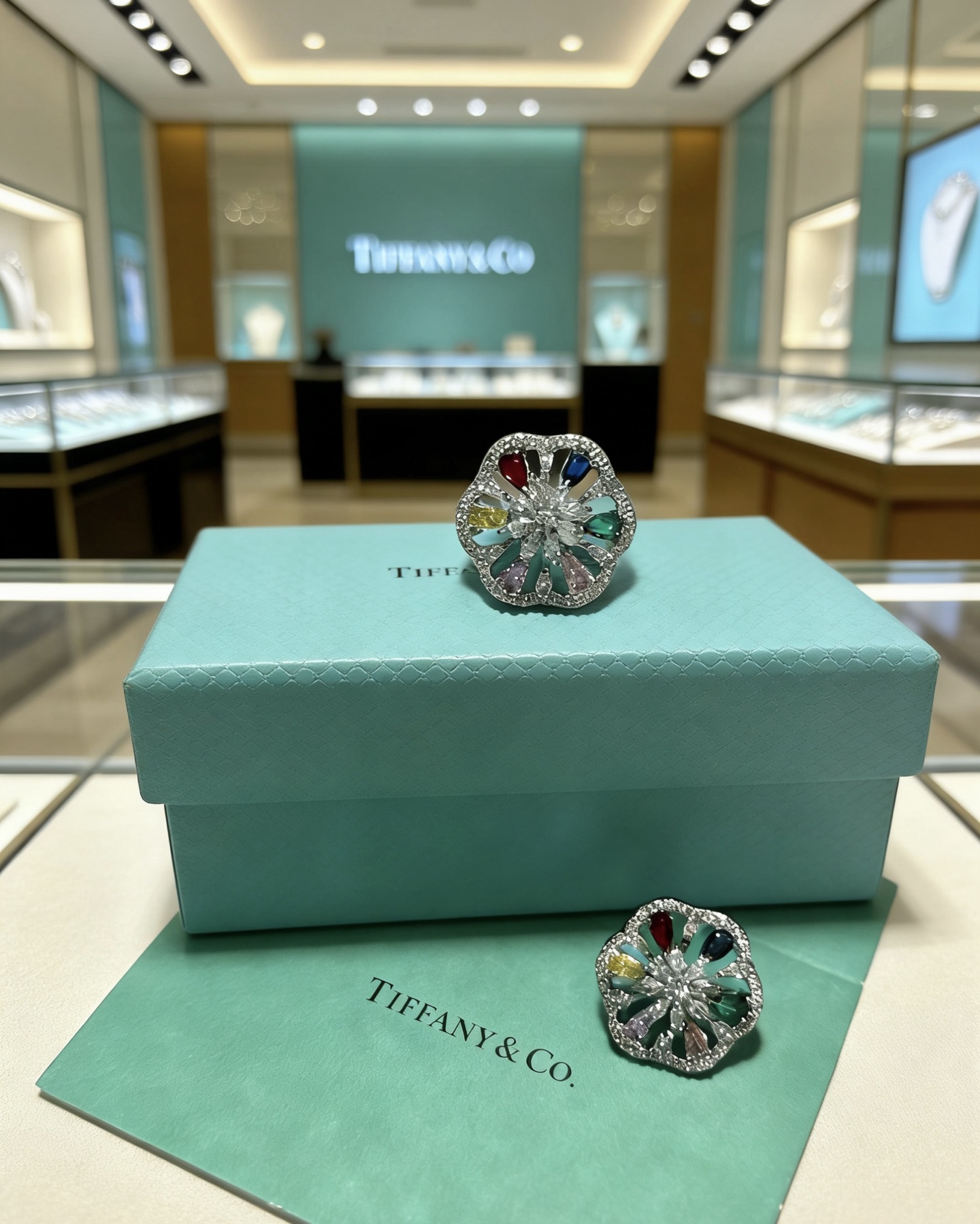 Tiffany Co Marquise Commemorative Earrings earrings Platinum-toned metal with white diamonds and multicolored gemstones red blue green yellow pink 1 5cm stud diameter