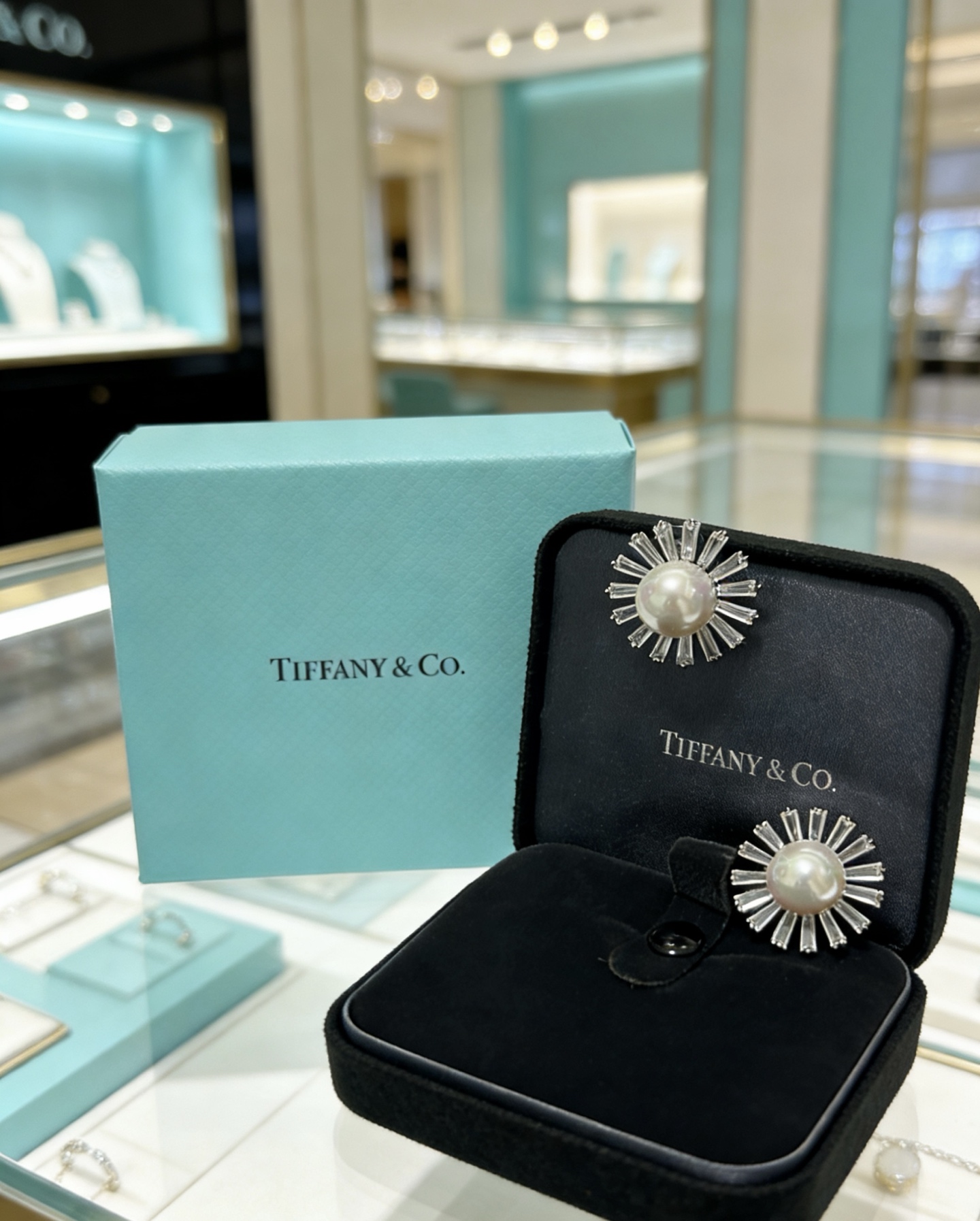 Tiffany Co Marquise Sunburst Pearl Earrings earrings Platinum metal white pearl clear diamond 2 5cm diameter