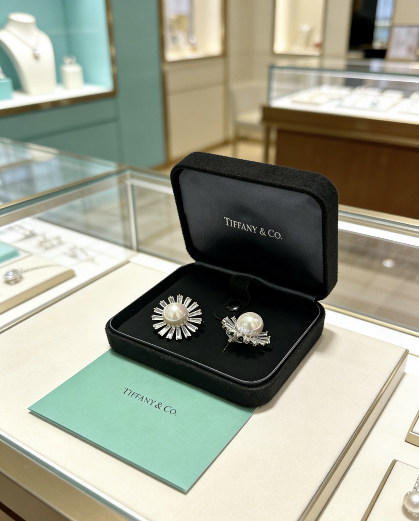 Tiffany Co Marquise Sunburst Pearl Earrings earrings Platinum metal white pearl clear diamond 2 5cm diameter