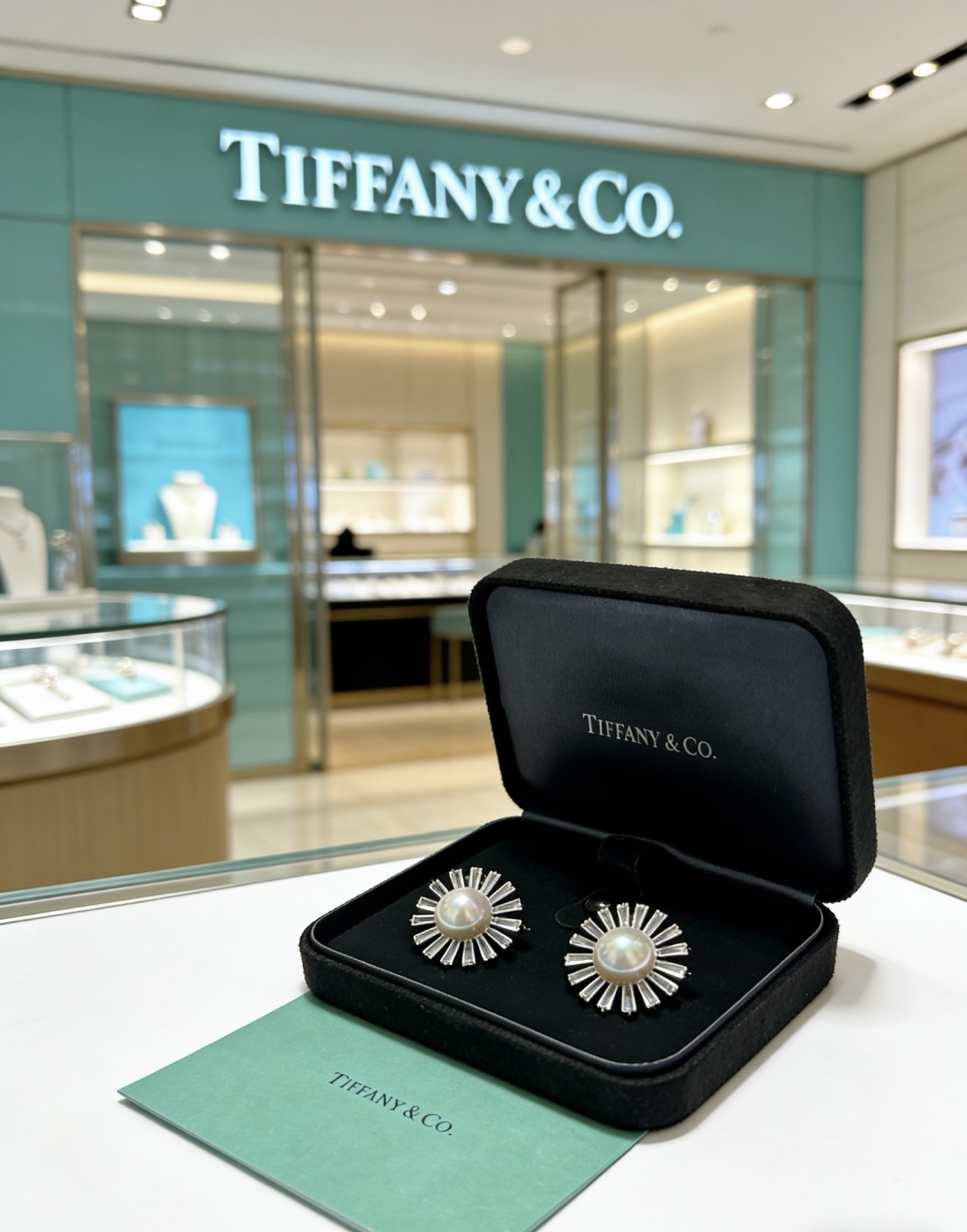 Tiffany Co Marquise Sunburst Pearl Earrings earrings Platinum metal white pearl clear diamond 2 5cm diameter