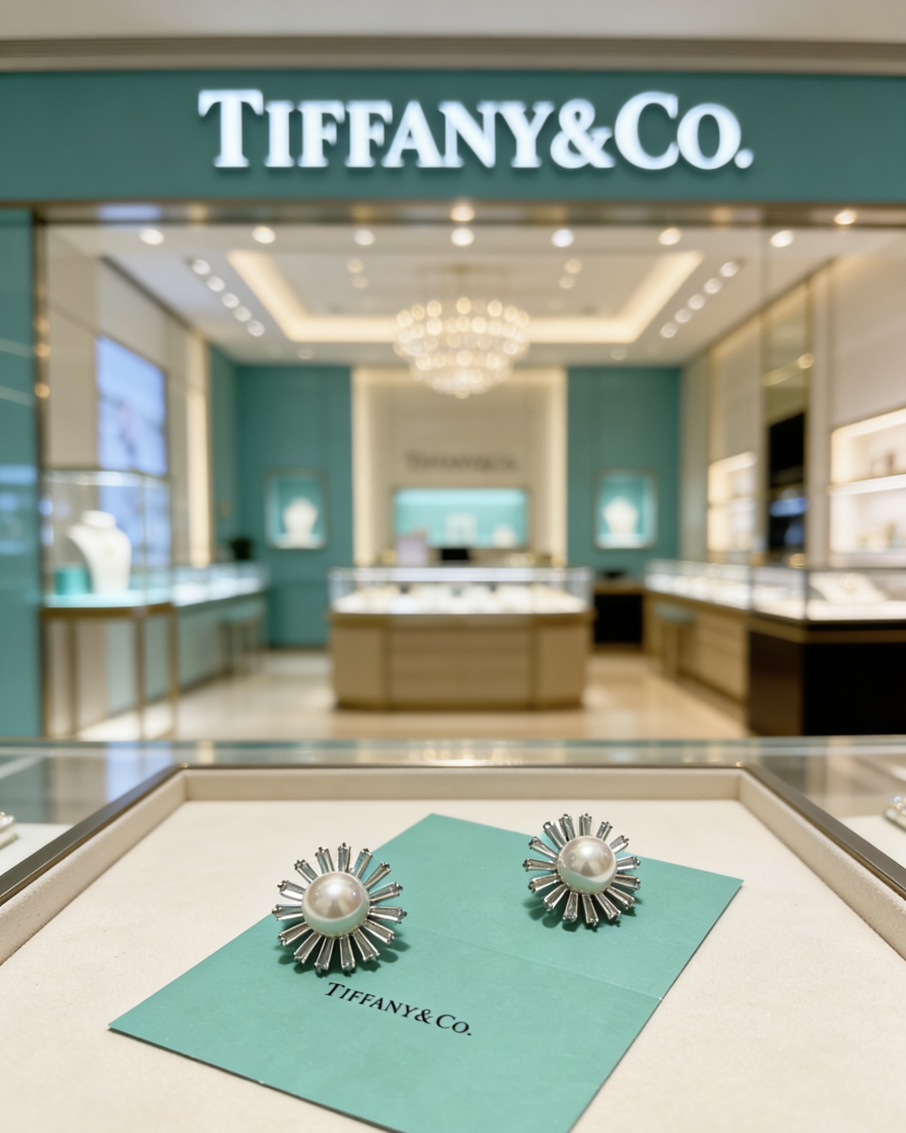 Tiffany Co Marquise Sunburst Pearl Earrings earrings Platinum metal white pearl clear diamond 2 5cm diameter