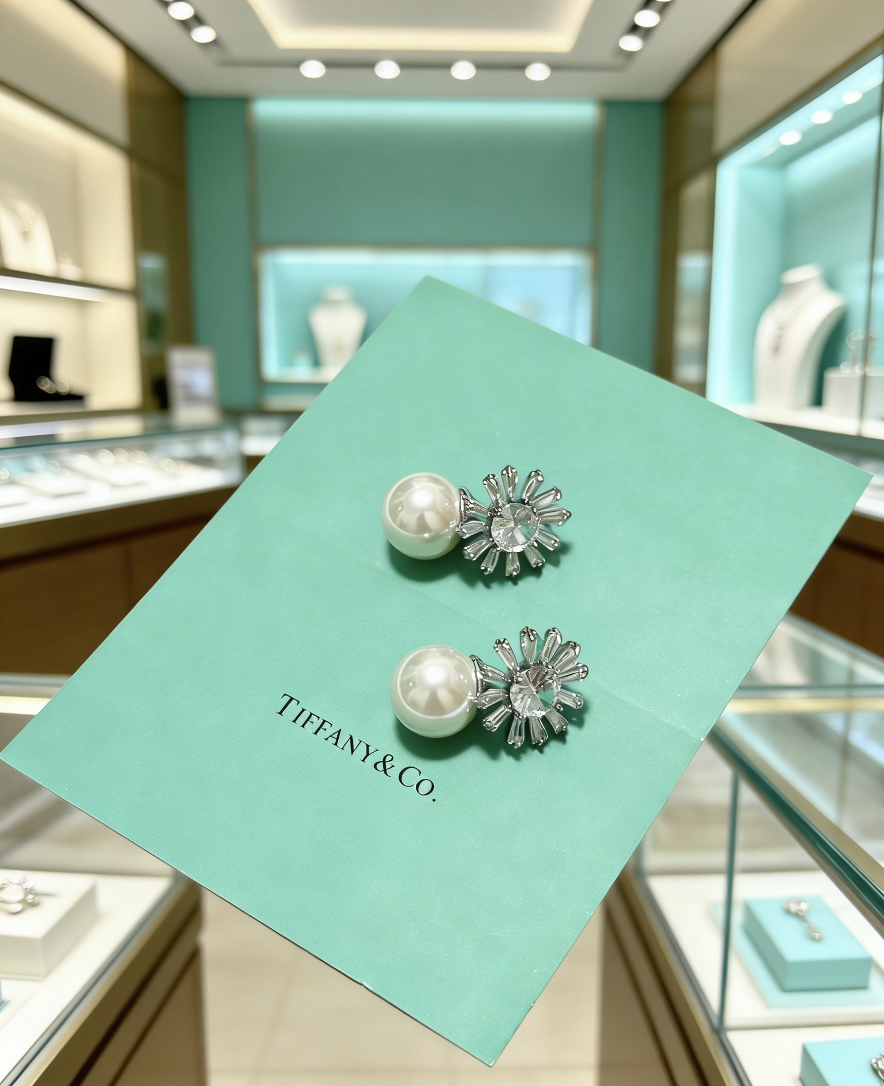 Tiffany Co Marquise Sunburst Pearl Commemorative Earrings earrings Platinum-toned metal white high-carbon diamond white pearl One size 12mm pearl 10mm sunburst setting