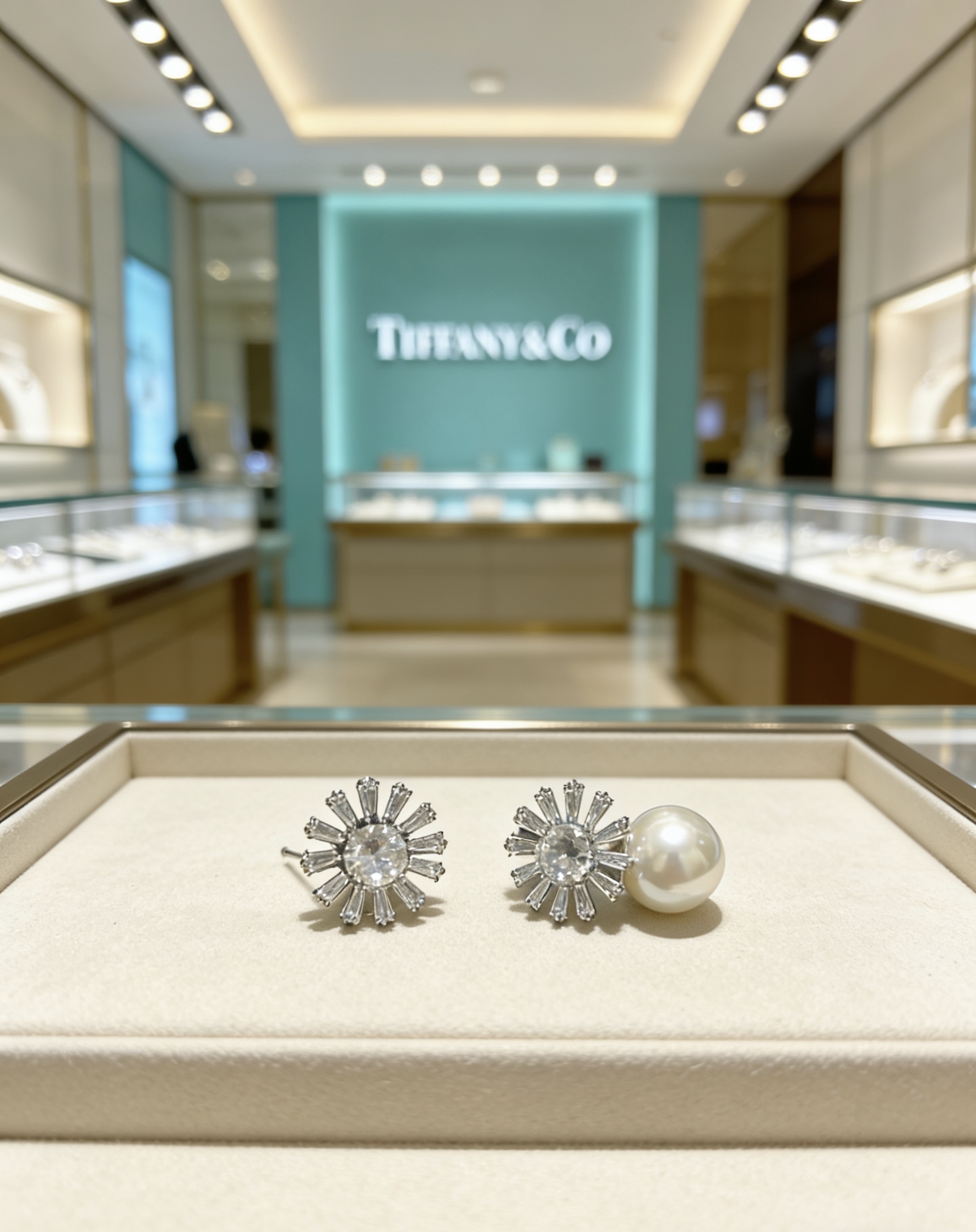 Tiffany Co Marquise Sunburst Pearl Commemorative Earrings earrings Platinum-toned metal white high-carbon diamond white pearl One size 12mm pearl 10mm sunburst setting