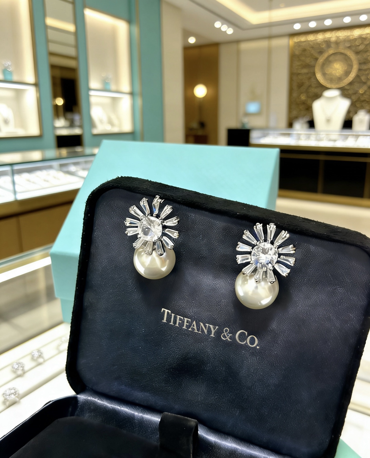 Tiffany Co Marquise Sunburst Pearl Commemorative Earrings earrings Platinum-toned metal white high-carbon diamond white pearl One size 12mm pearl 10mm sunburst setting
