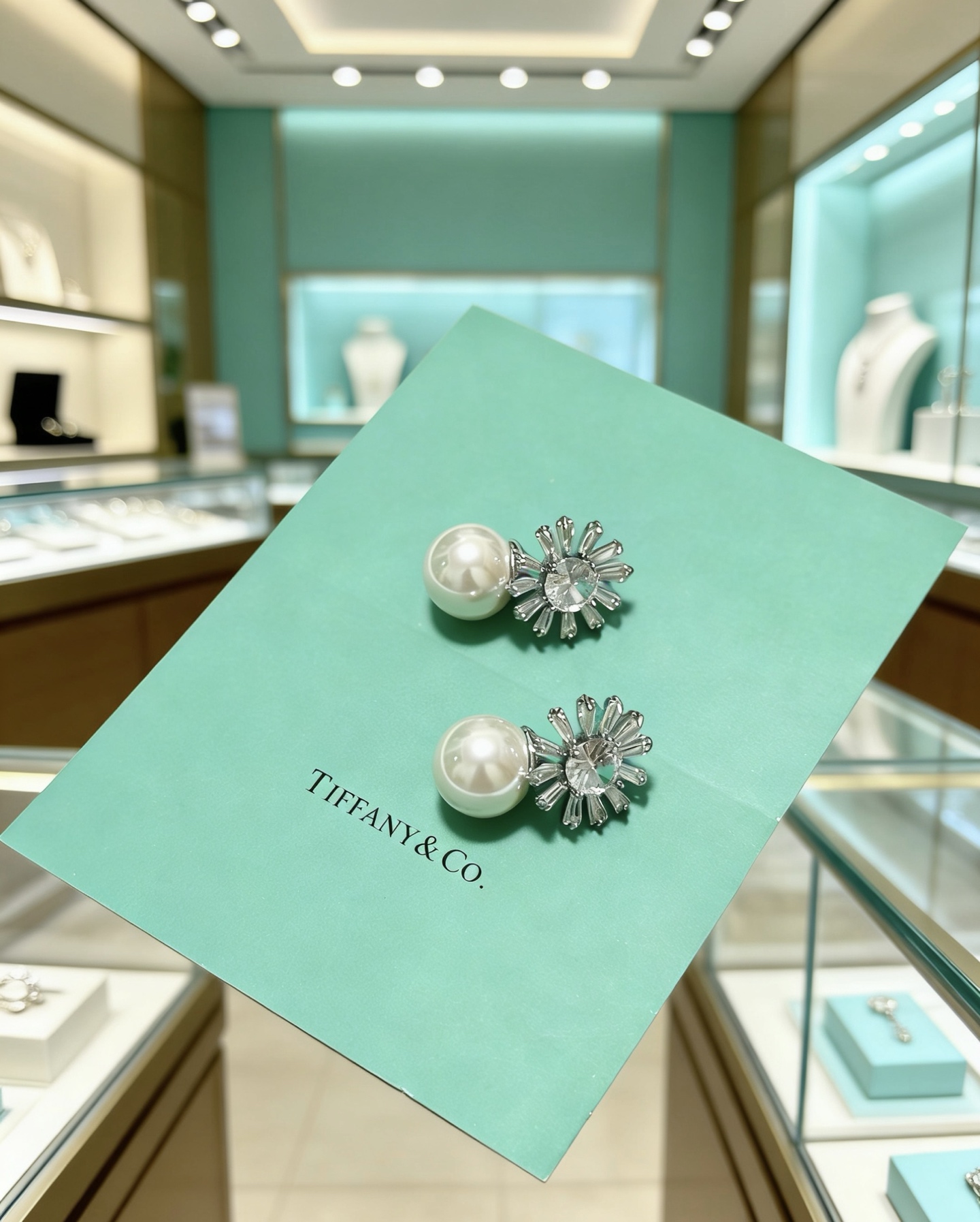Tiffany Co Marquise Sunburst Pearl Commemorative Earrings earrings Platinum-toned metal white high-carbon diamond white pearl One size 12mm pearl 10mm sunburst setting