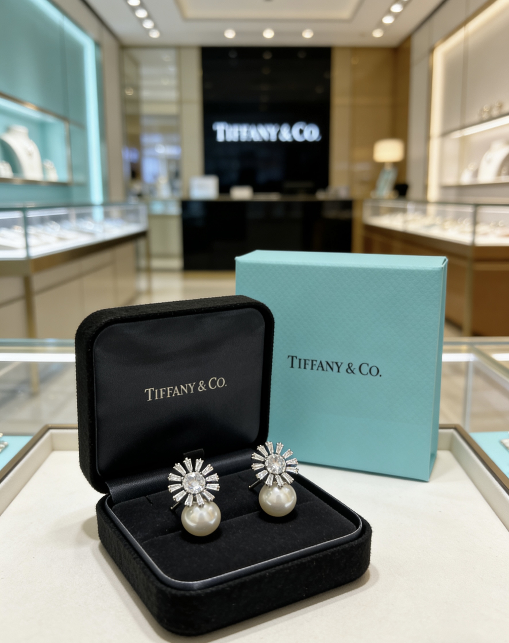 Tiffany Co Marquise Sunburst Pearl Commemorative Earrings earrings Platinum-toned metal white high-carbon diamond white pearl One size 12mm pearl 10mm sunburst setting